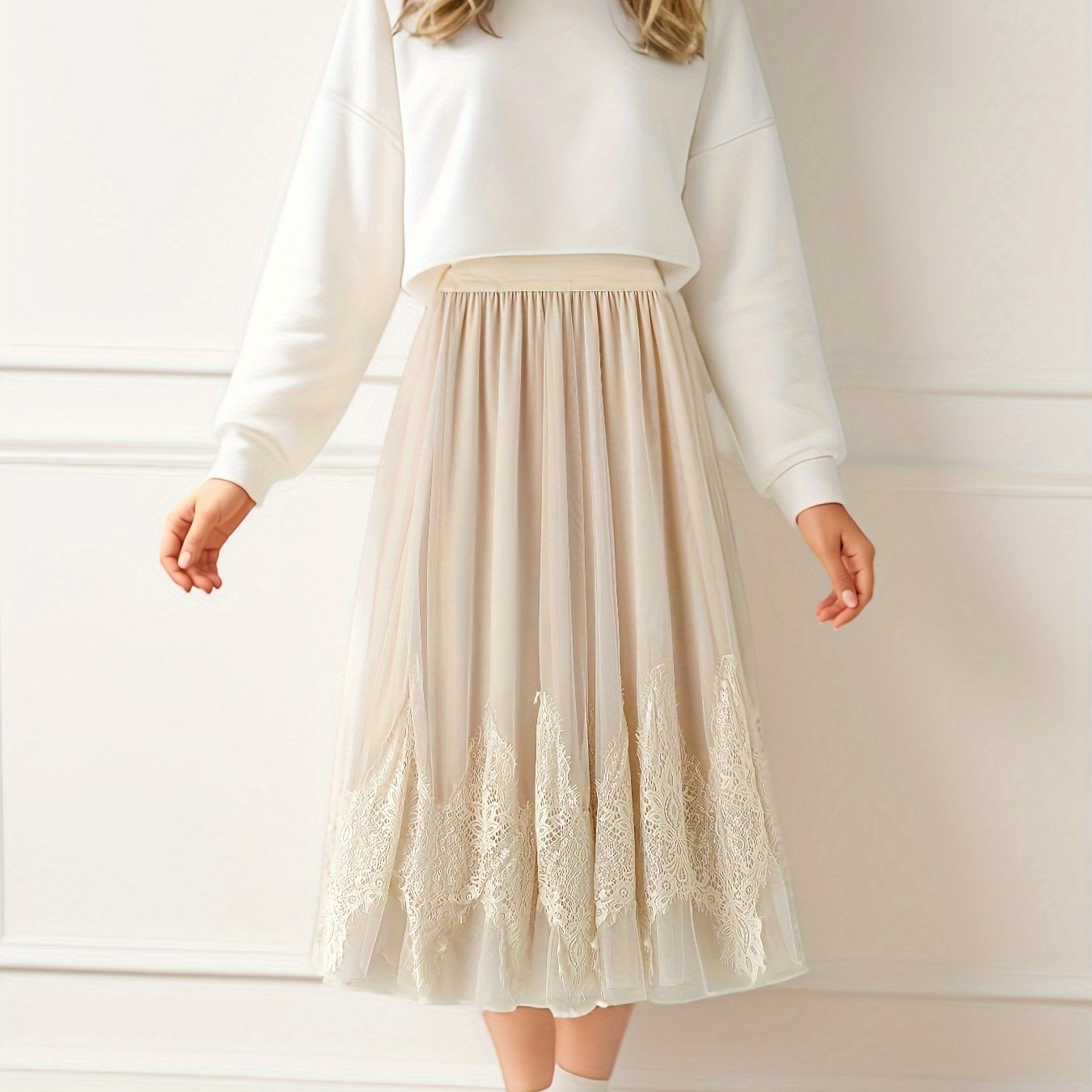 Image of Women Mesh Skirt Elegant Long Skirt High Waist