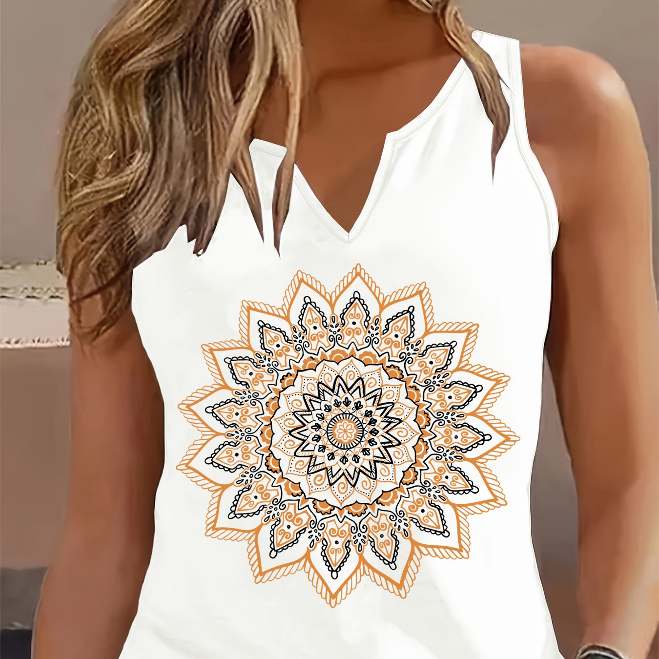 TEMU (052#) Top de Tirantes para Mujer, Estampado Étnico Mandala, Chaleco Sin , Ajuste Holgado, Cuello en V Transpirable, Top Casual