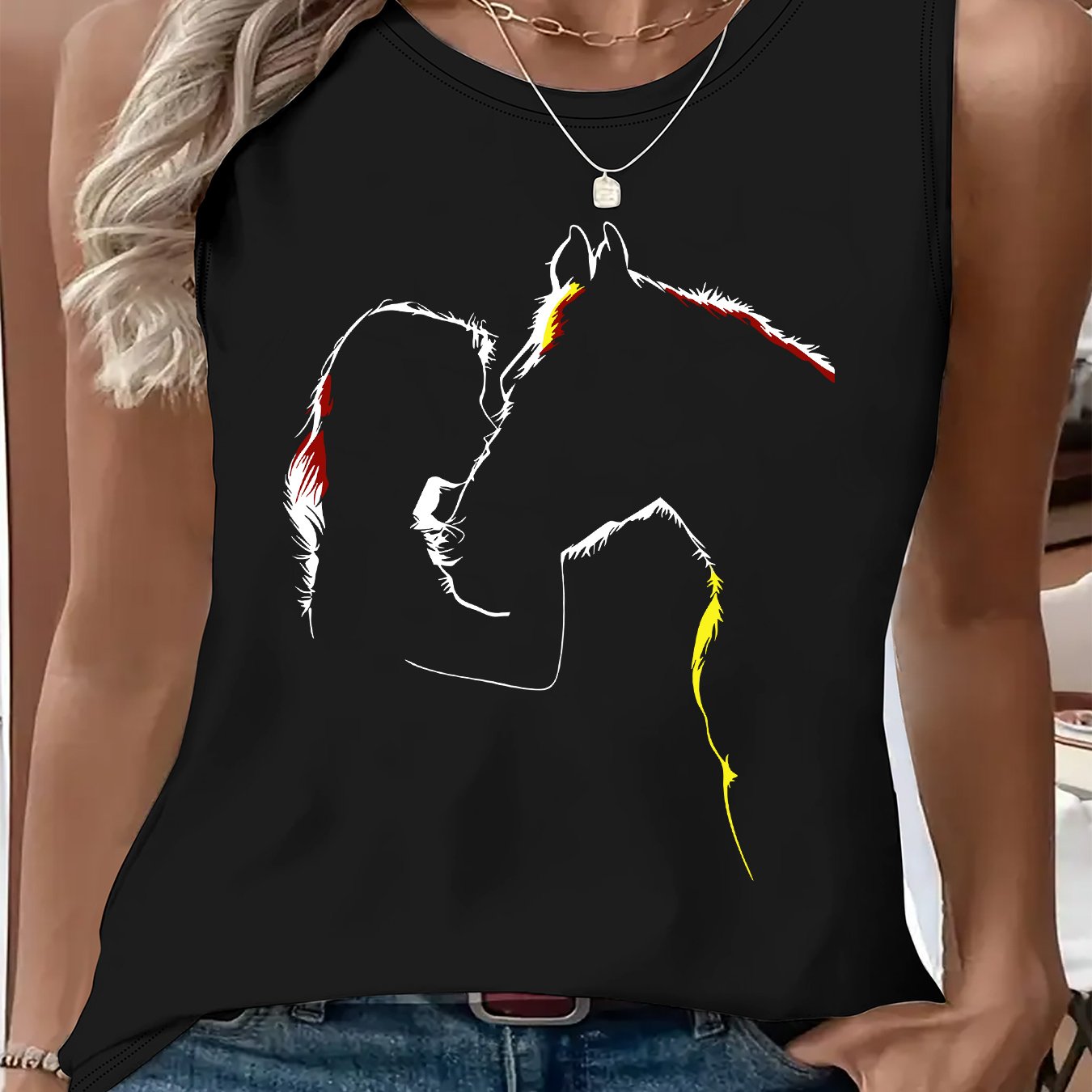 TEMU Round Neck Sleeveless Summer Tank Top With A Horse Pattern Print, A Casual And Versatile Breathable Top