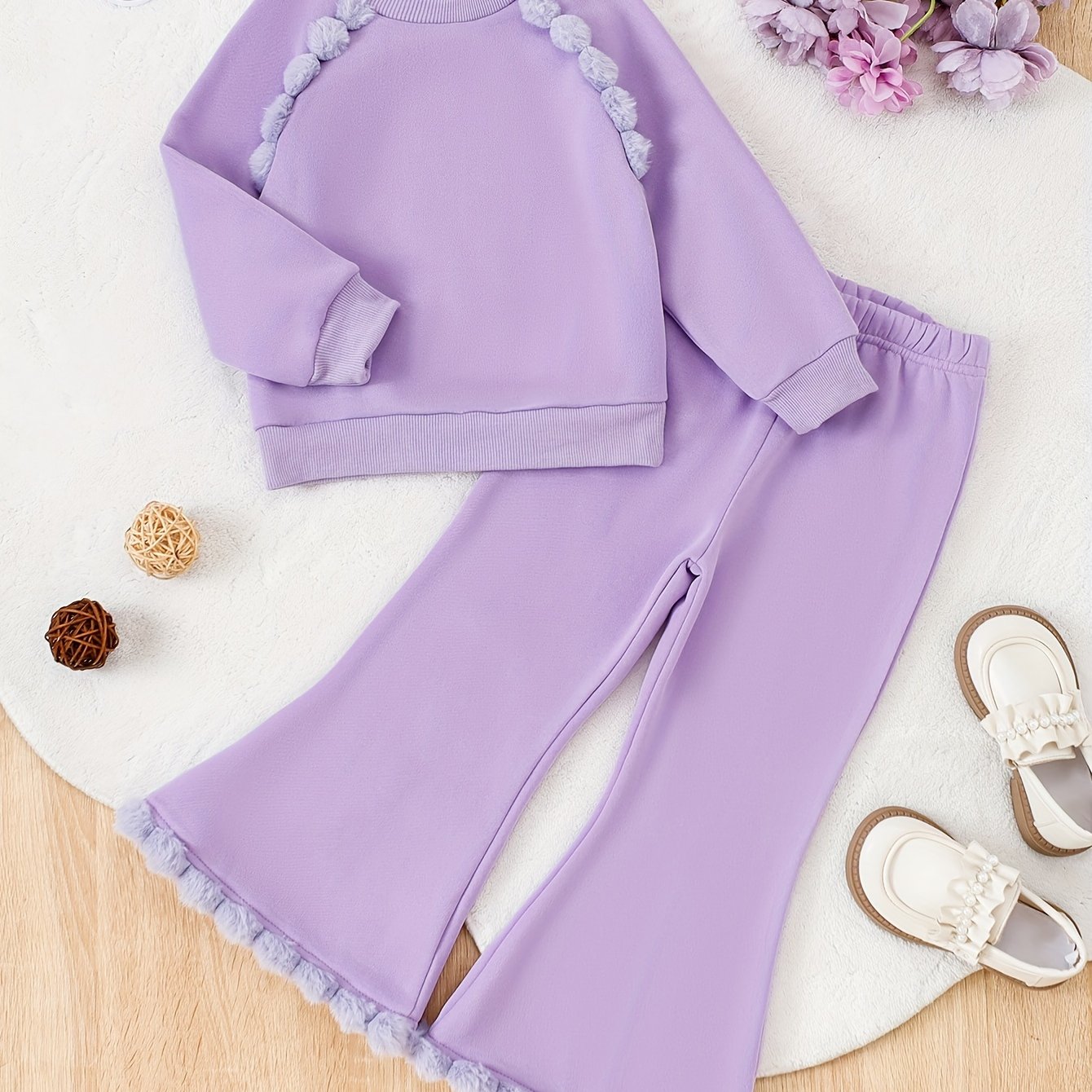 Girls' Solid Color Long-Sleeve Top and Flared Pants Set
