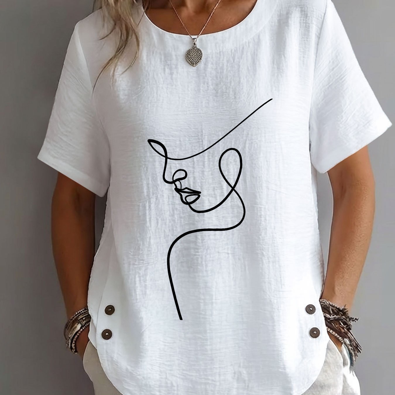 TEMU Top da estate, stile minimalista, stampa silhouette con linea laterale del , abbigliamento da donna elegante, , casual, , maniche corte