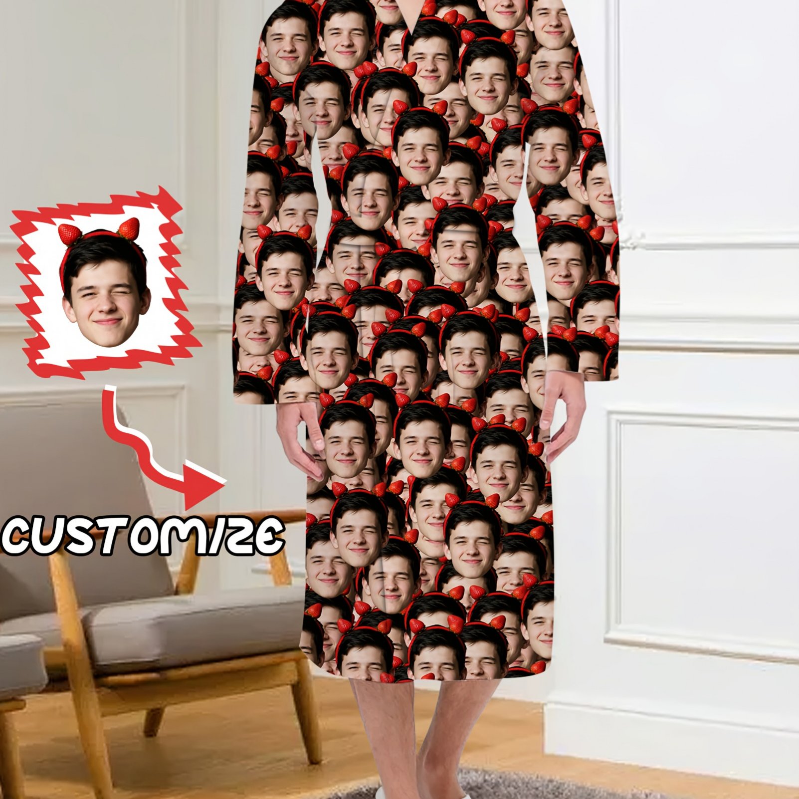 TEMU 1pc Custom Men's Robe With Belt, Smooth Fiber Fabric Men's Set, Fun Printed Design - Suitable For Daily Wear, Parties, And Christmas, Unique
