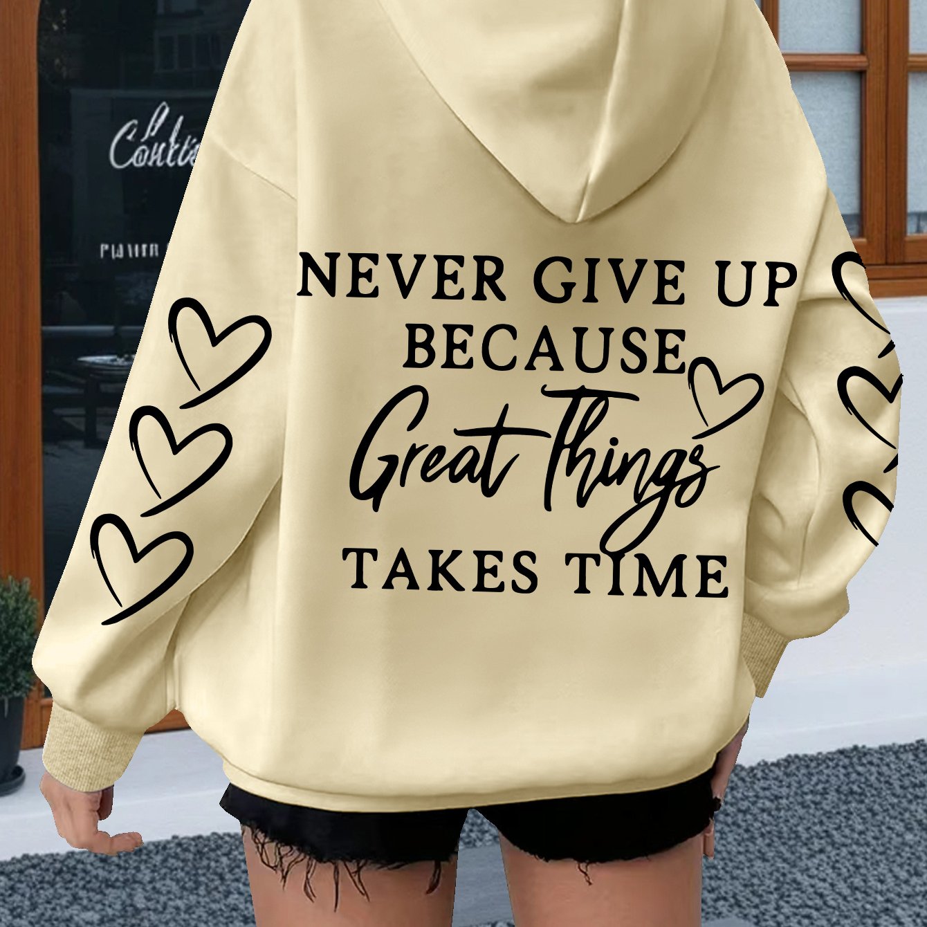 TEMU Women's Plus Size Casual Hoodie With Inspirational Quote, Long Sleeve Pullover With Kangaroo Pocket, 100% Polyester Knit Fabric, Stretch, All