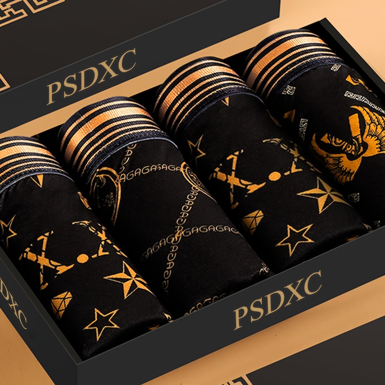 E-shop 4 Stück Herren Luxus Boxershorts - Schwarz & Gold Unterwäsche, Weiche Atmungsaktive 95% Boxershorts mit Elastischem Bund, Casual & Dessous (4