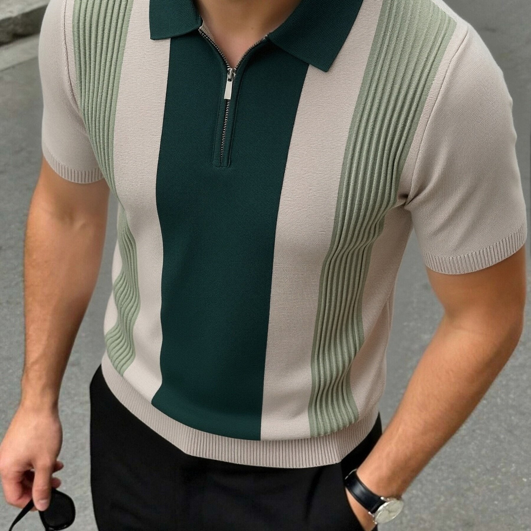 TEMU Men's Color-block Vertical Striped Knit Shirt, Half-zip Breathable Skin-friendly Business Casual Short Sleeve