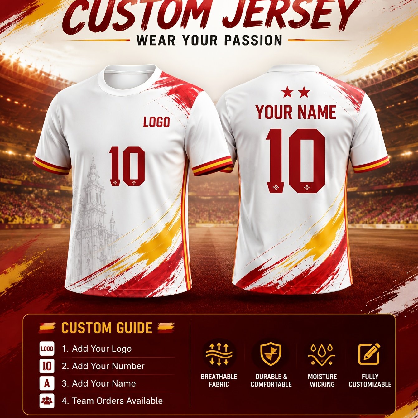 TEMU Spanish White Round Neck Short Sleeve Soccer Jersey, Retro Architectural Dark Pattern Red Yellow Color-block Print Uniform, Logo Printable