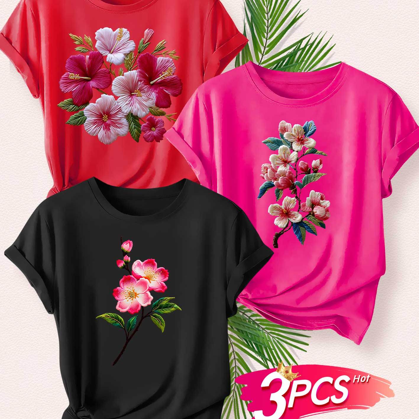 TEMU Women's T-shirt, Sisters And Wear 3pcs Set, Hibiscus And Musaceae Flower Delicate Retro Floral Realistic Flat Printing, Spring Summer Autumn