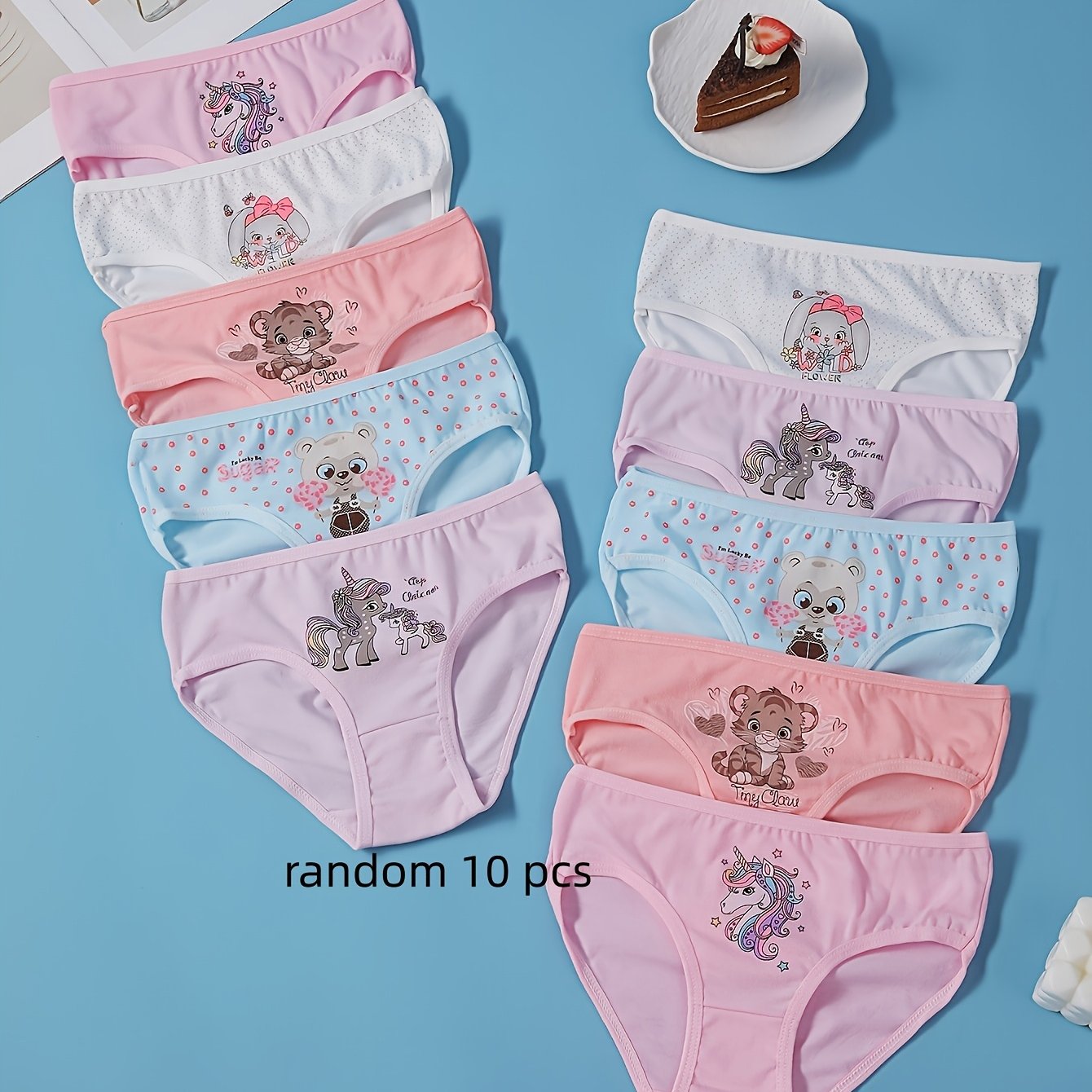 Cute, Comfortable And Soft Cartoon Random Mixed Style And Color Girls' Triangle Underpants Set Of 10pcs