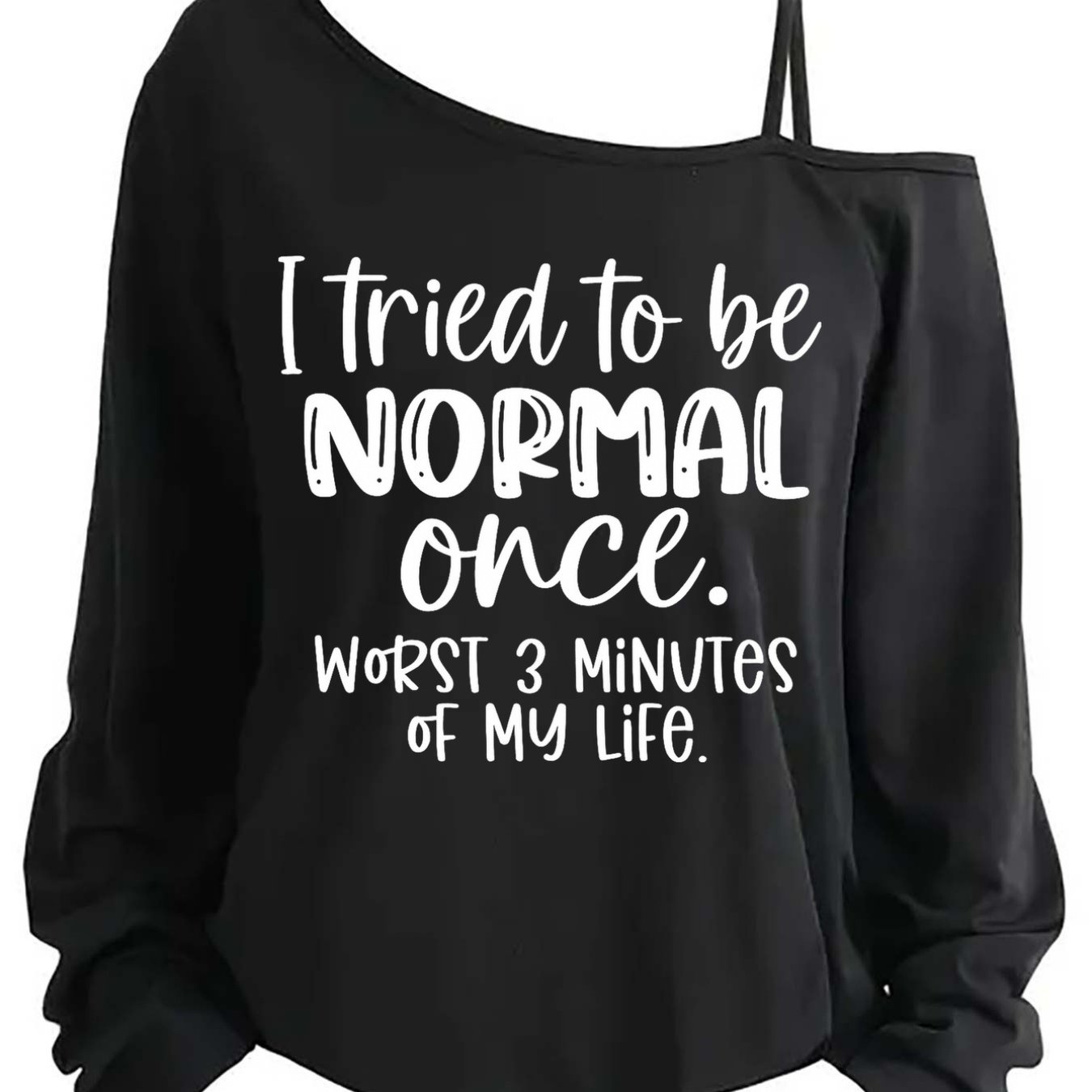 TEMU Women's Off-shoulder Long Sleeve T-shirt, I To , Non-mainstream Statement Print Asymmetrical Shoulder Strap, Shoulder Top, Casual , Versatile,
