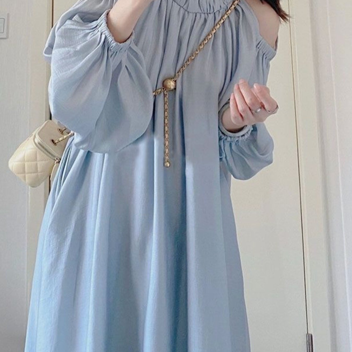 TEMU 【大きいサイズ】ブルー ジェントルスタイル パフスリーブ ワンピース、ニッチデザイン オフショルダー ロングドレス。肉色を隠し、体型を引き締めます。