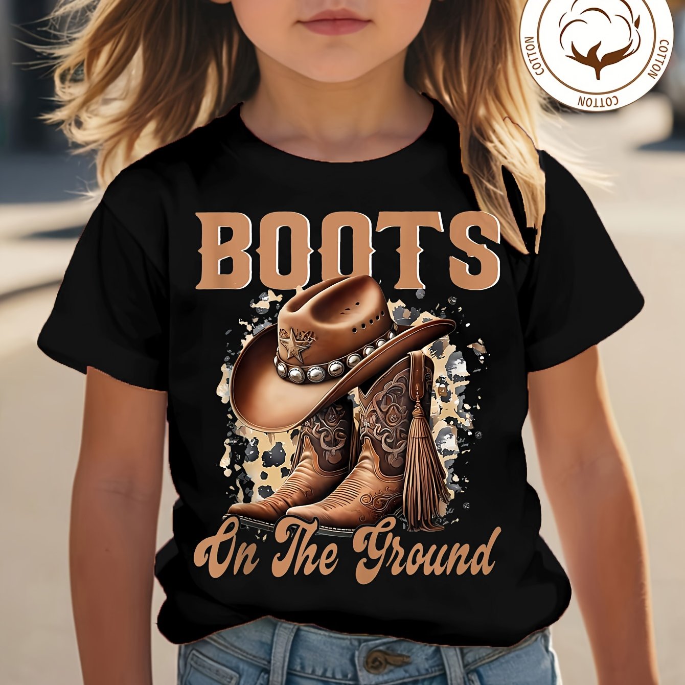 TEMU 's 100% Cotton "boots On " Alphabet Cartoon Cowboy Hat And Boots Print T-shirt Comfortable And Casual Round Neckshort Sleeved Shirt For Suitable For Boys And Girls