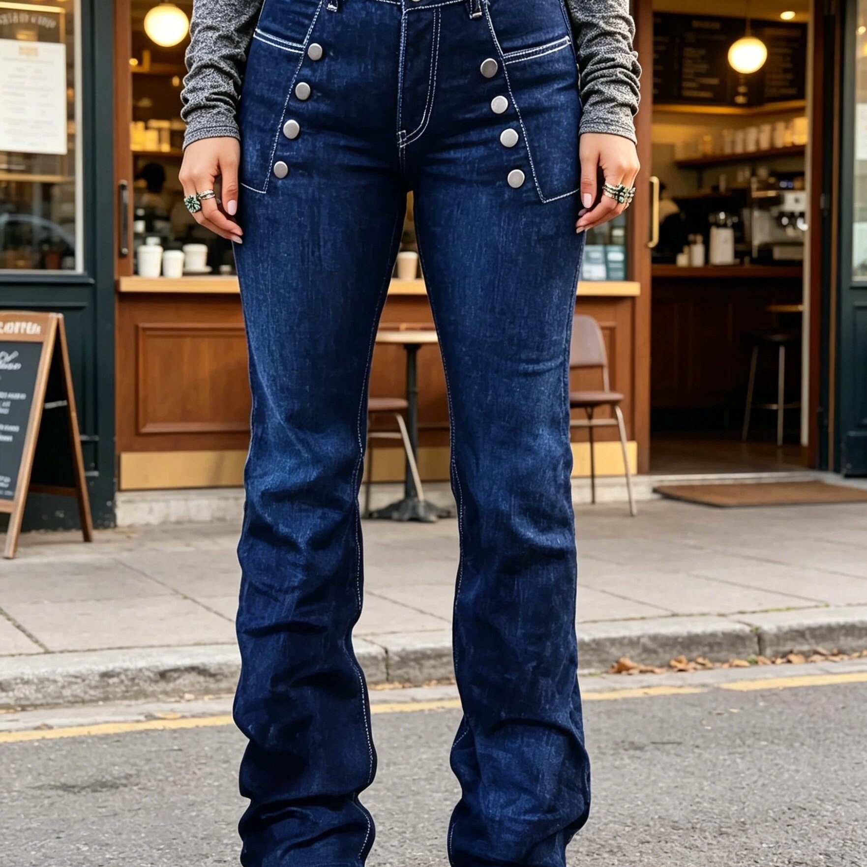 TEMU Women's Mid-high Waist Stretchable Flared Denim Pants, Dark Blue, Detail, Fit - Casual To Semi-formal Wear, Casual Denim Wear|flared Jeans|