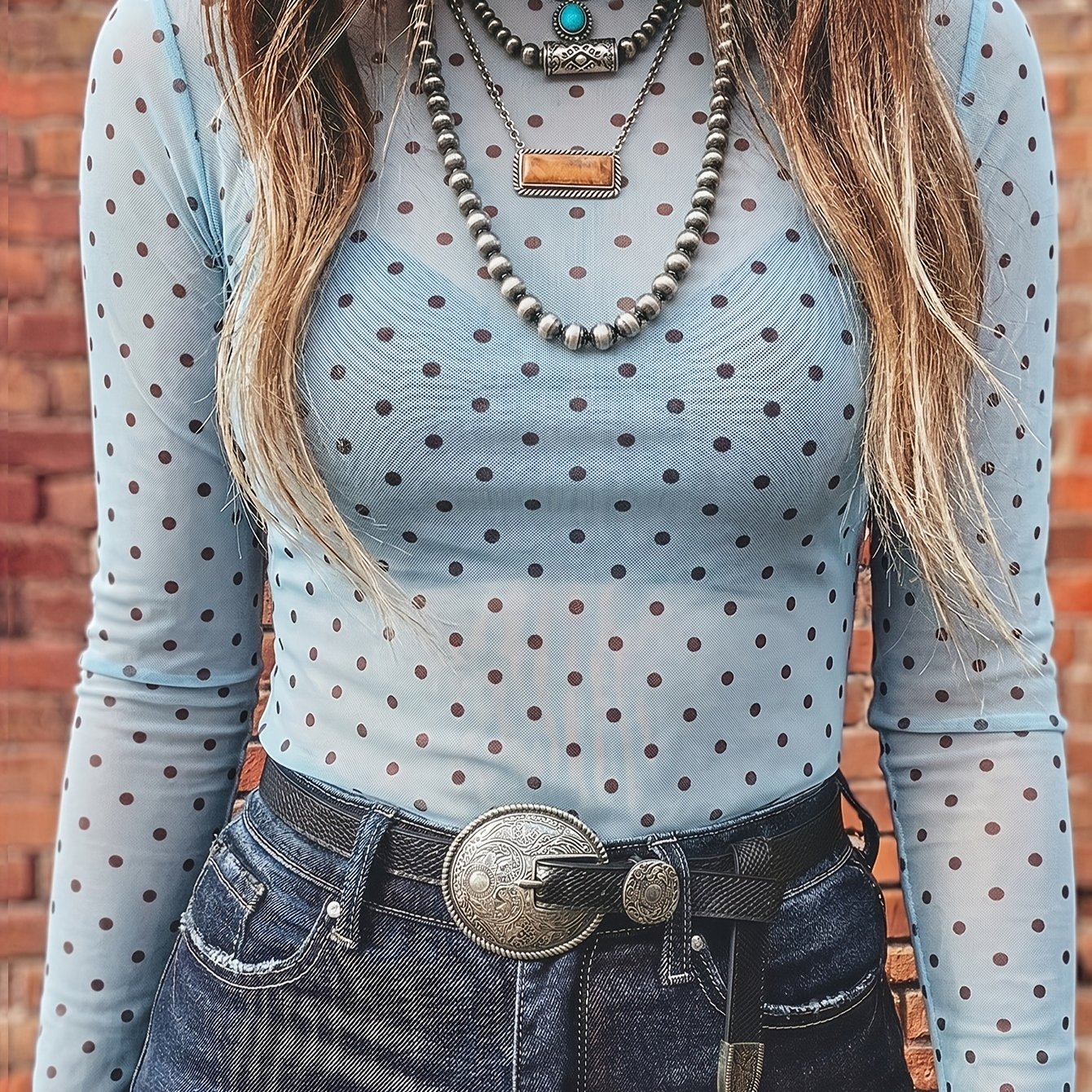 TEMU Mesh Polka Dot Long Sleeve Top, Round Neck Sheer Fitted Western Style Layering Layer Shirt