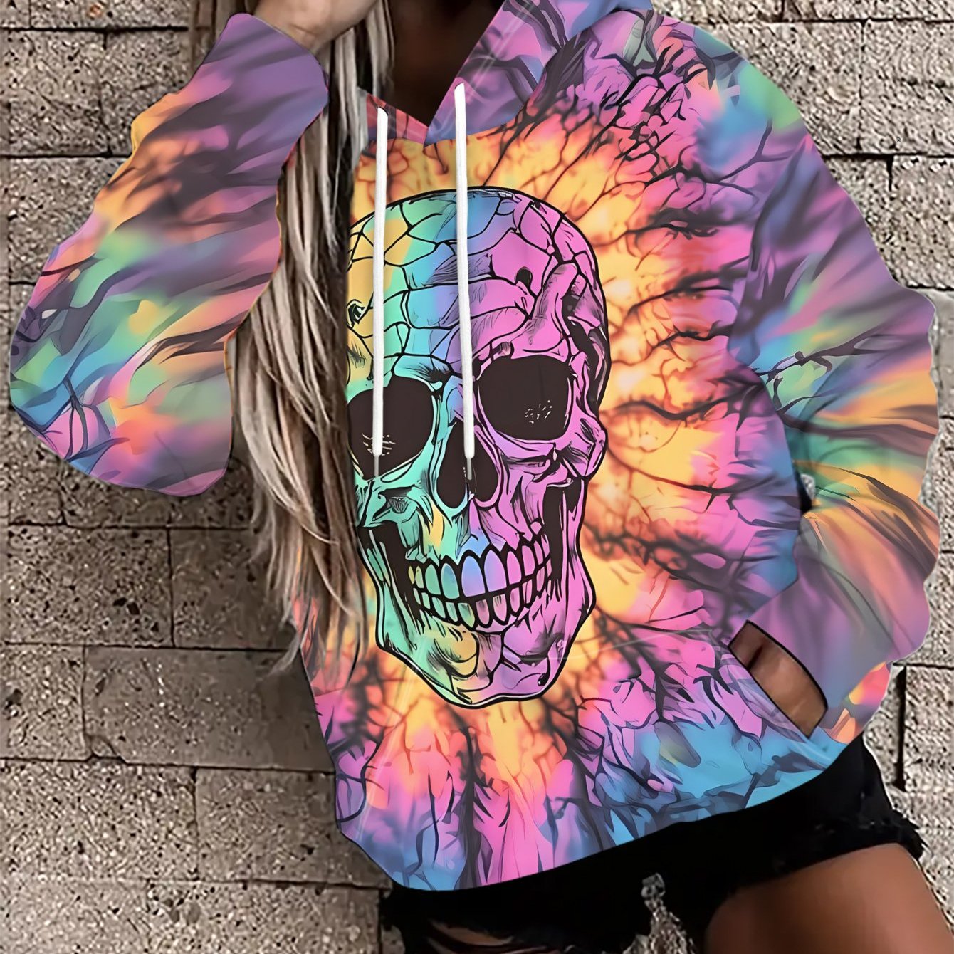 TEMU Women's Hooded Sweatshirt With A Skull Prominently Displayed On A Vibrant Background - Trendy And Minimalist, Featuring A , Colorful Pattern