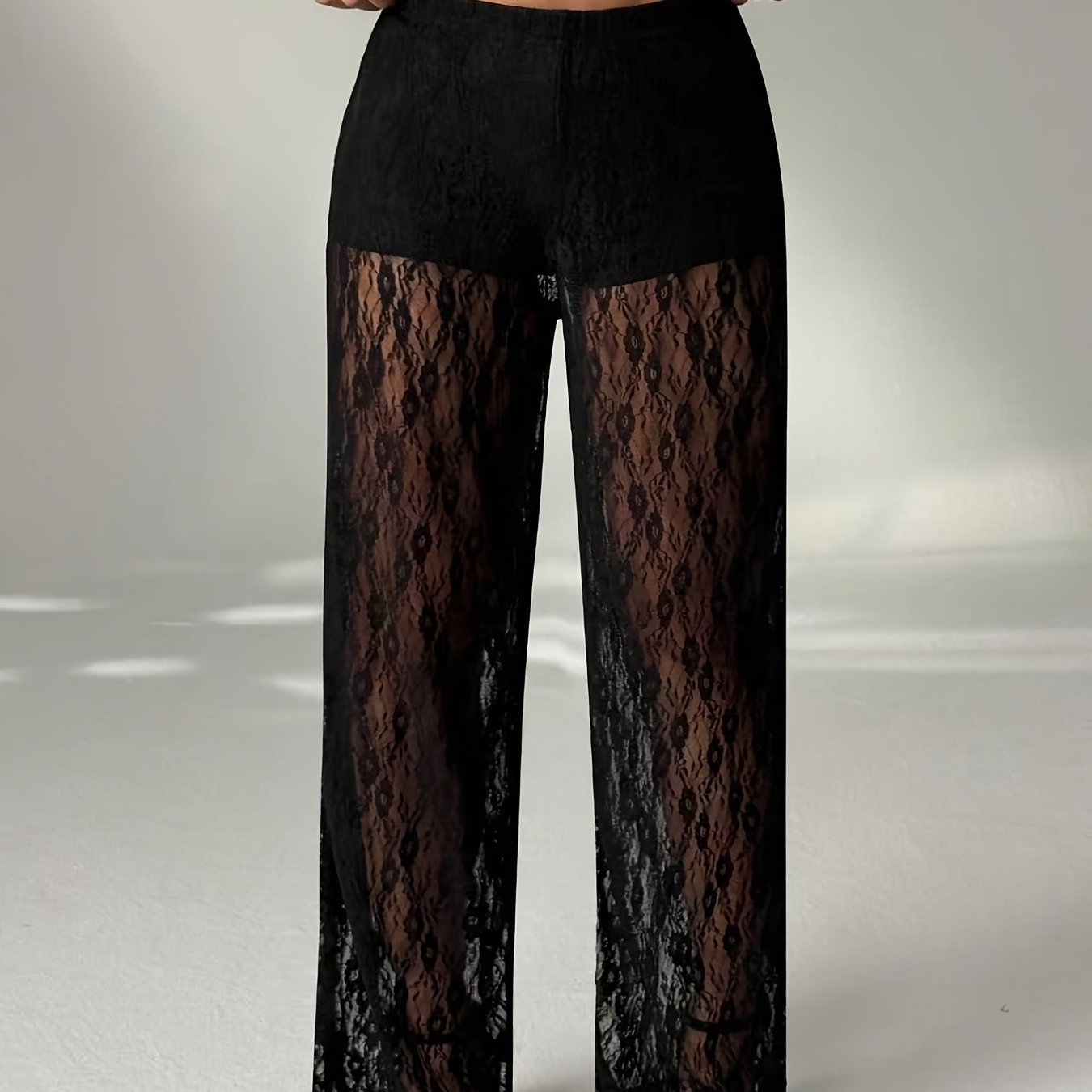 E-shop Damen Sheer High-Waist Straight-Leg Hose mit Spitzenbesatz – Elegante Hose, für Po-Optik & Maschinenwaschbar (Frühling Sommer Herbst) –