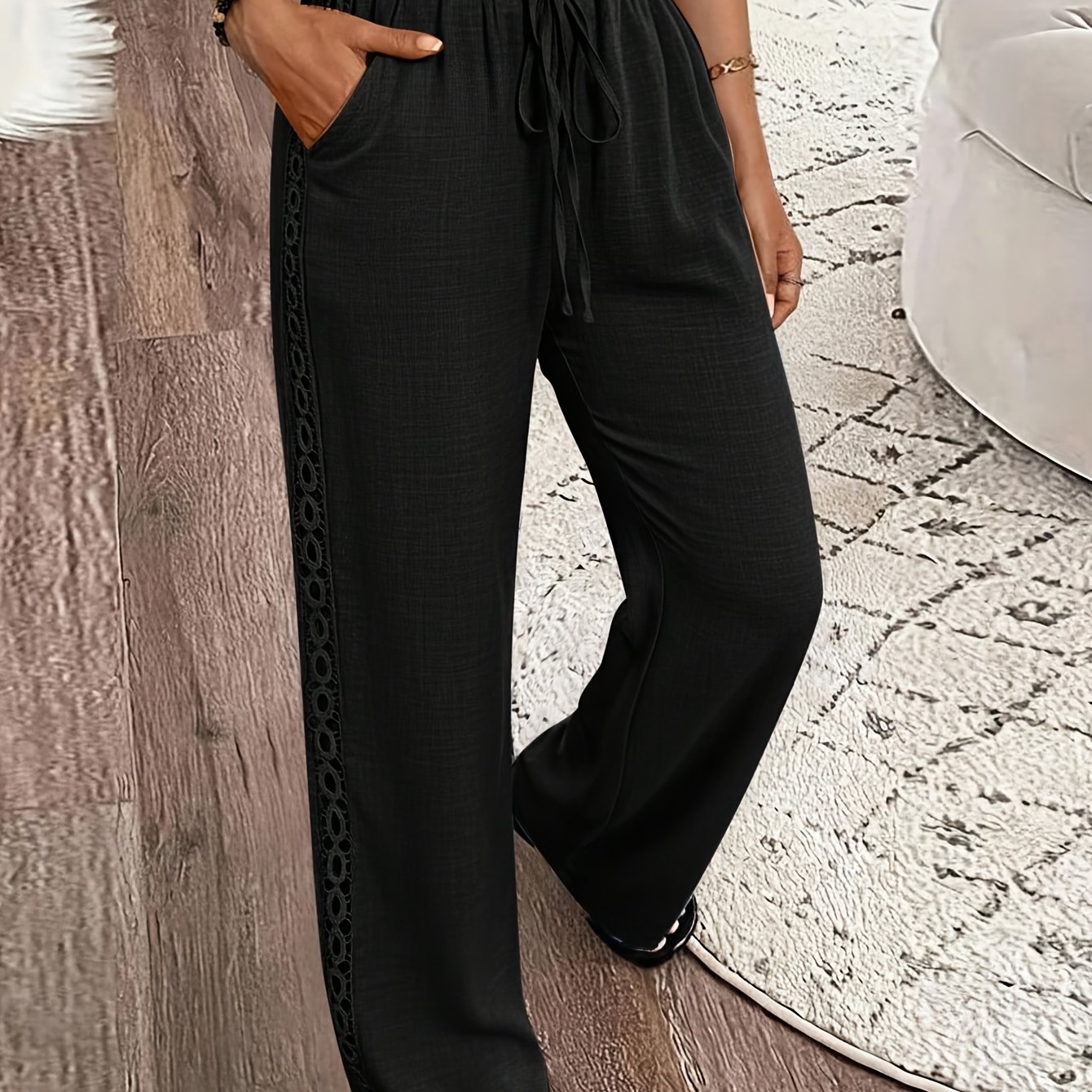 TEMU Women's Loose Tapered Pants With Lace Detail And Side Drawstring Adjustable Design