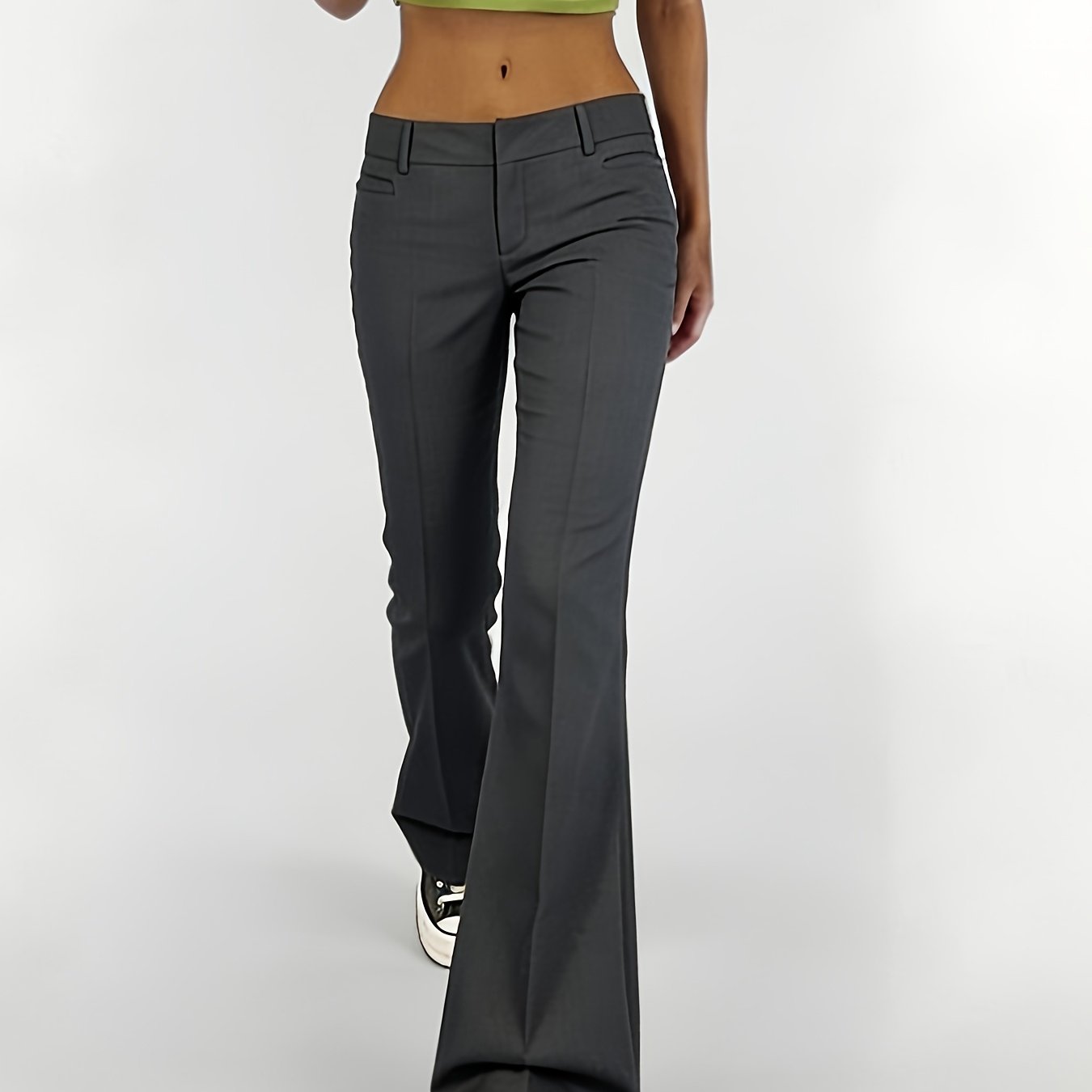 Image of Dark Gray Micro-flared Suit Pants Women's Low-waisted Slim Fit Y2k Street Trousers Versatile For Workplace