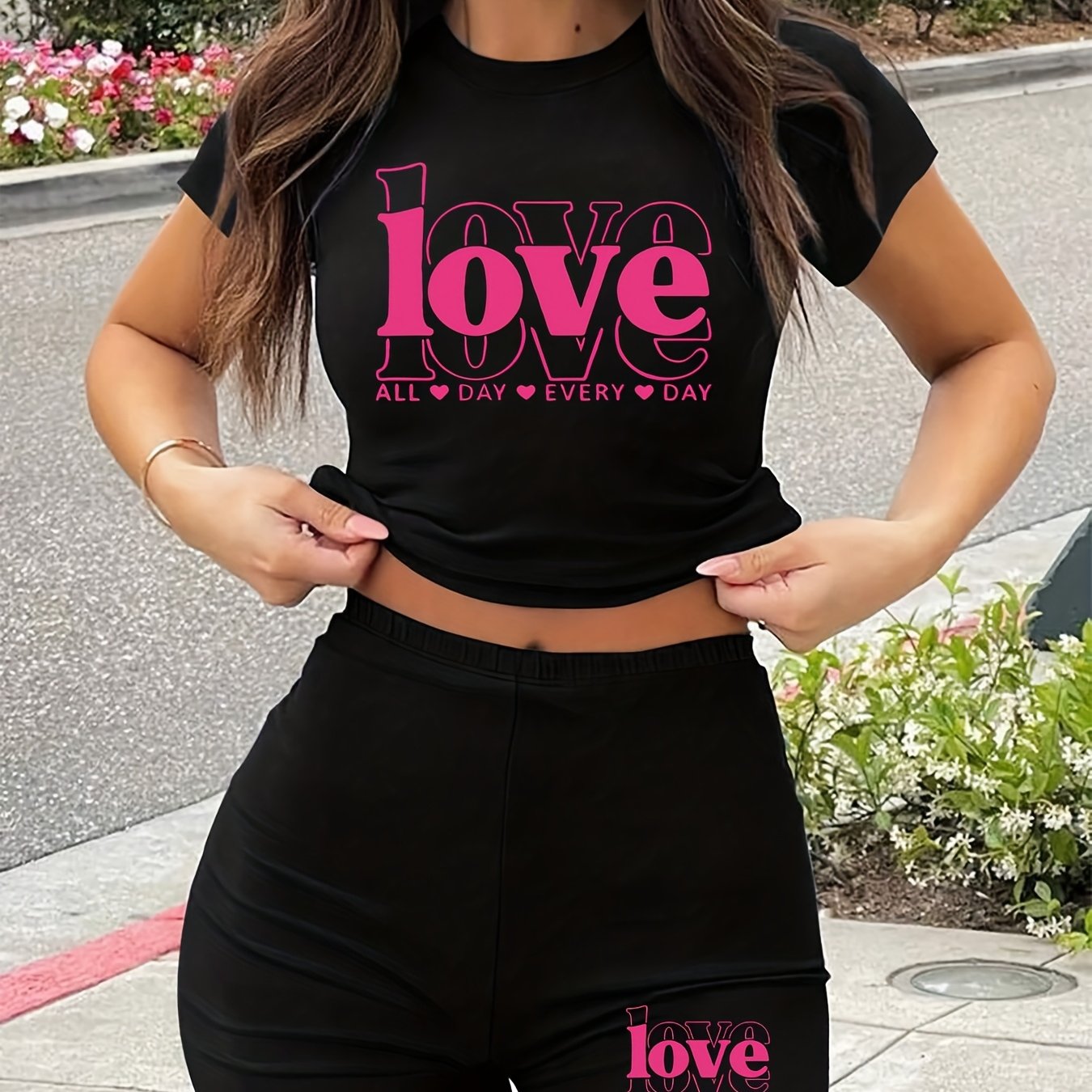 TEMU 9600wb44 European And American Women's Plus Size Round Neck Short Sleeve Shorts Letter Loose Sport Print Two-piece Set