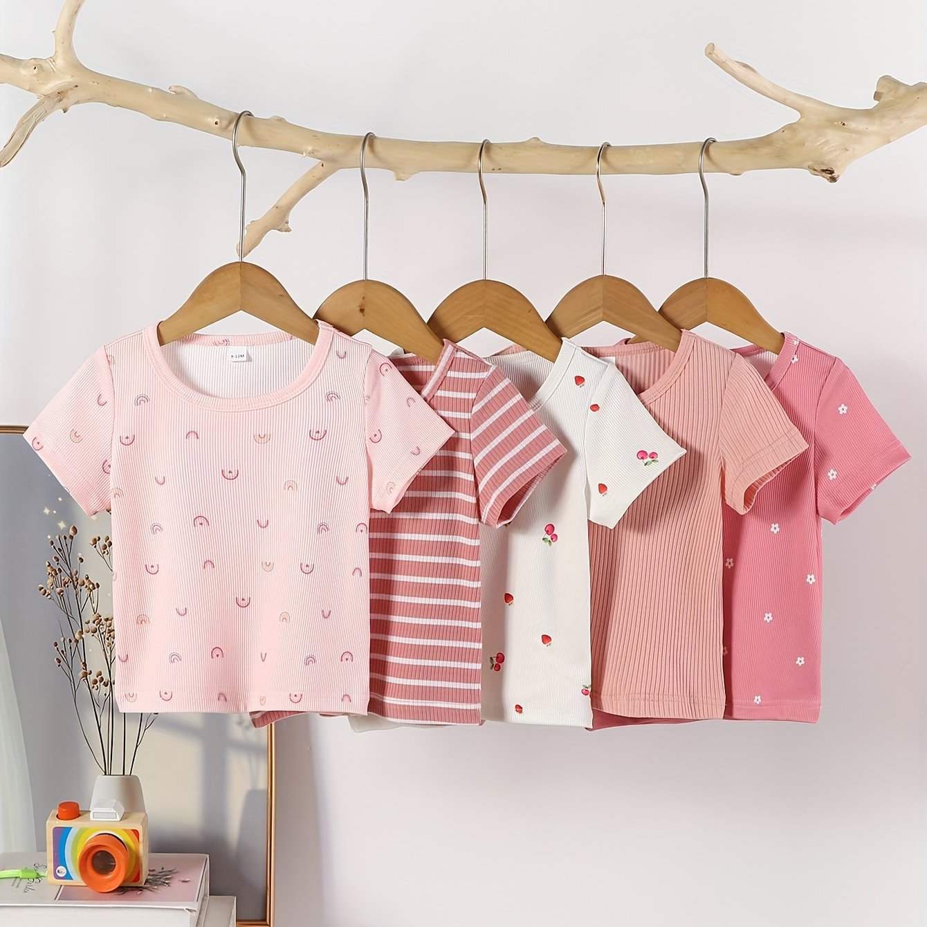 Image of 5pcs Set Of Short-sleeve T-shirts For Baby Girls, Cute And Versatile Rainbow, Flower, Cherry, And Striped Print Patterns For Spring/autumn Wear