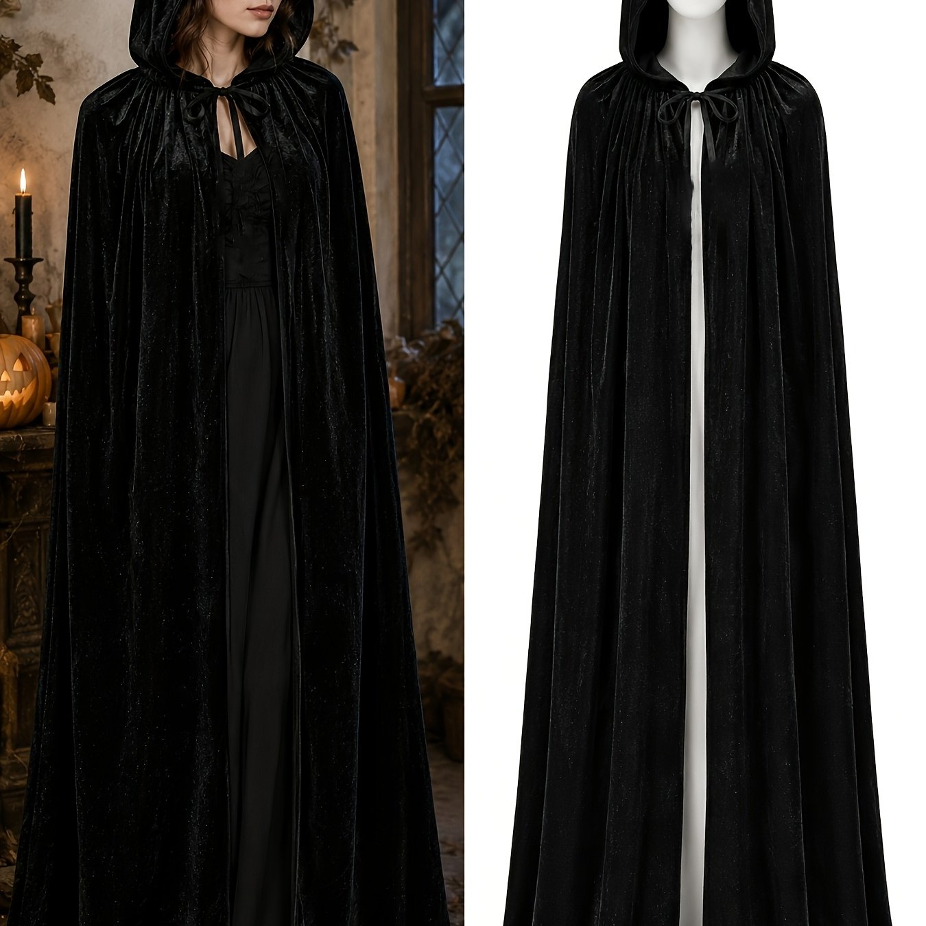 TEMU 1pc Halloween Cosplay Witch Black Velvet Long Hooded Cape, Suitable For Party Costume Cloak, Role-playing Robe, Holiday Performance Costume,