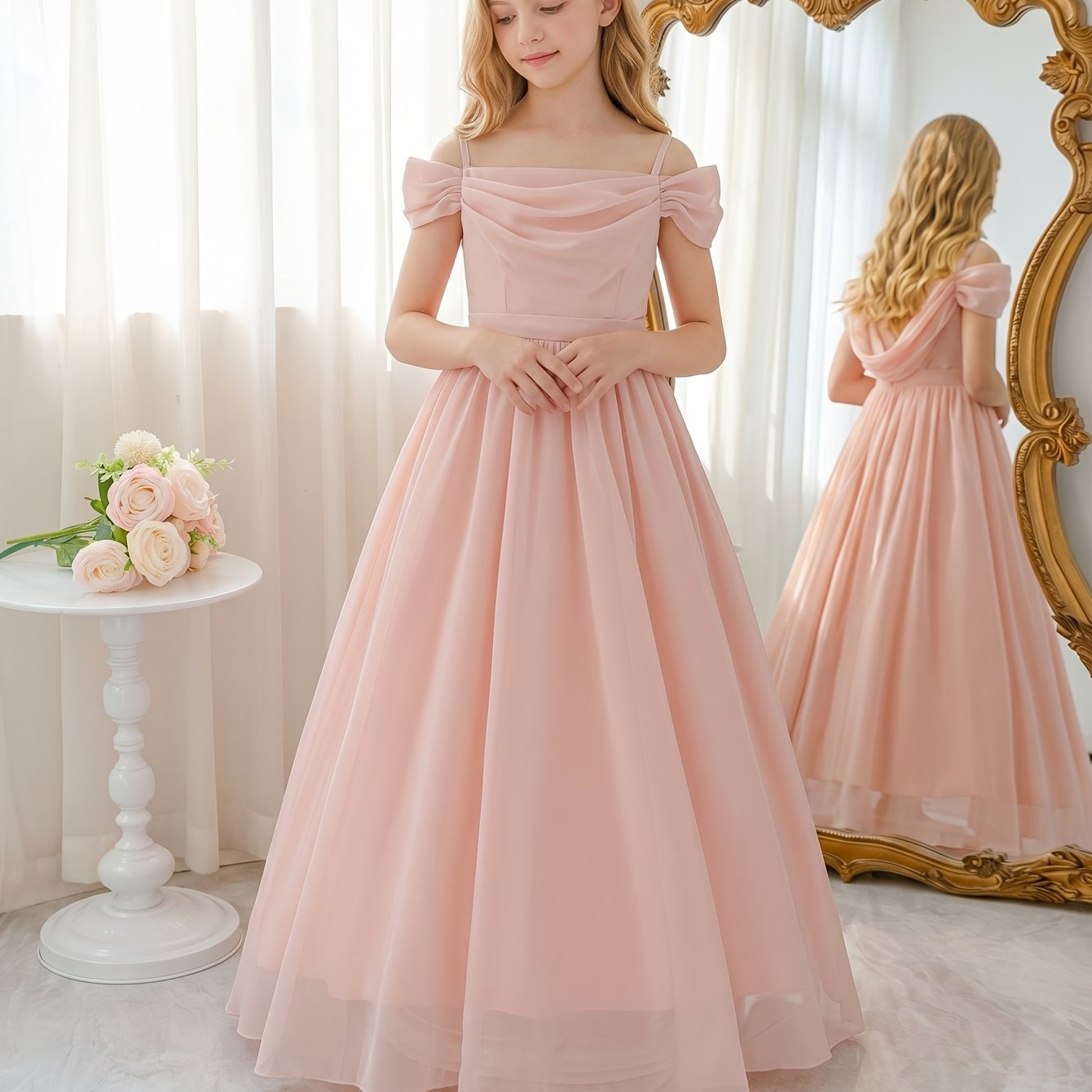 Image of ' Dress Pink Princess Dress Off-shoulder Gown Long Girl Dress Birthday Party Casual Girls' Clothing
