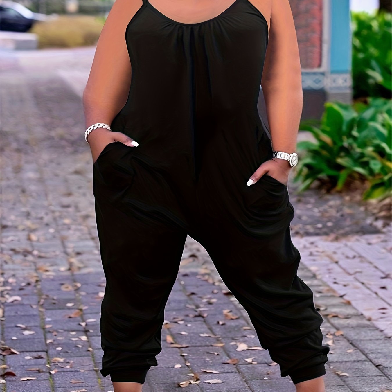 TEMU Mono de tirantes fruncido liso de talla grande, mono con bolsillos, ropa de talla grande para mujer