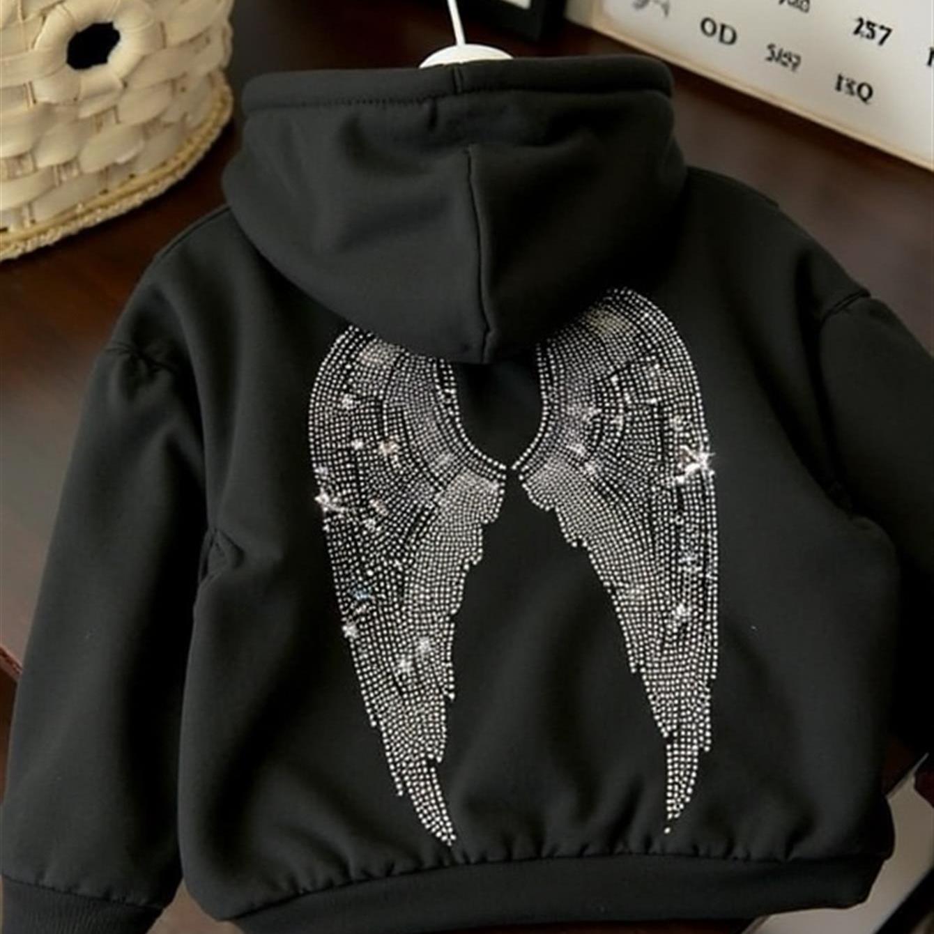 Image of A Trendy Hoodie Designed With Rhinestone Wings Theme Women's Hoodie High Quality Thickened Hoodie Suitable For Autumn And Winter Daily Wear Casual Gift For Who Love Streetwear Fashion