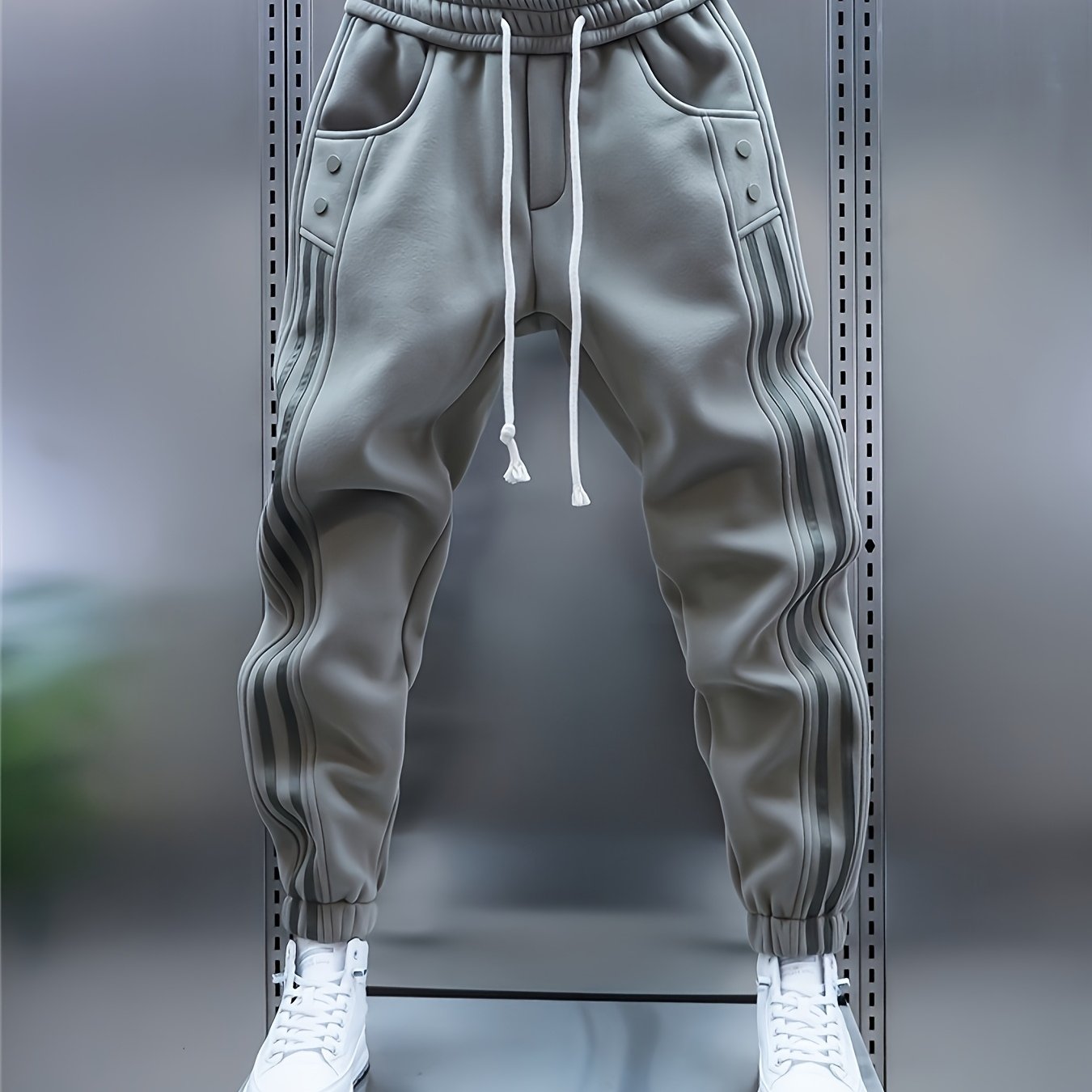 ' Black & Vertical Line Striped Winter Pants - Elastic Waist Bottoms, Loose Fit Warm Trousers Suitable For Weather, Machine Washable Casual Wear (no Belt Included)