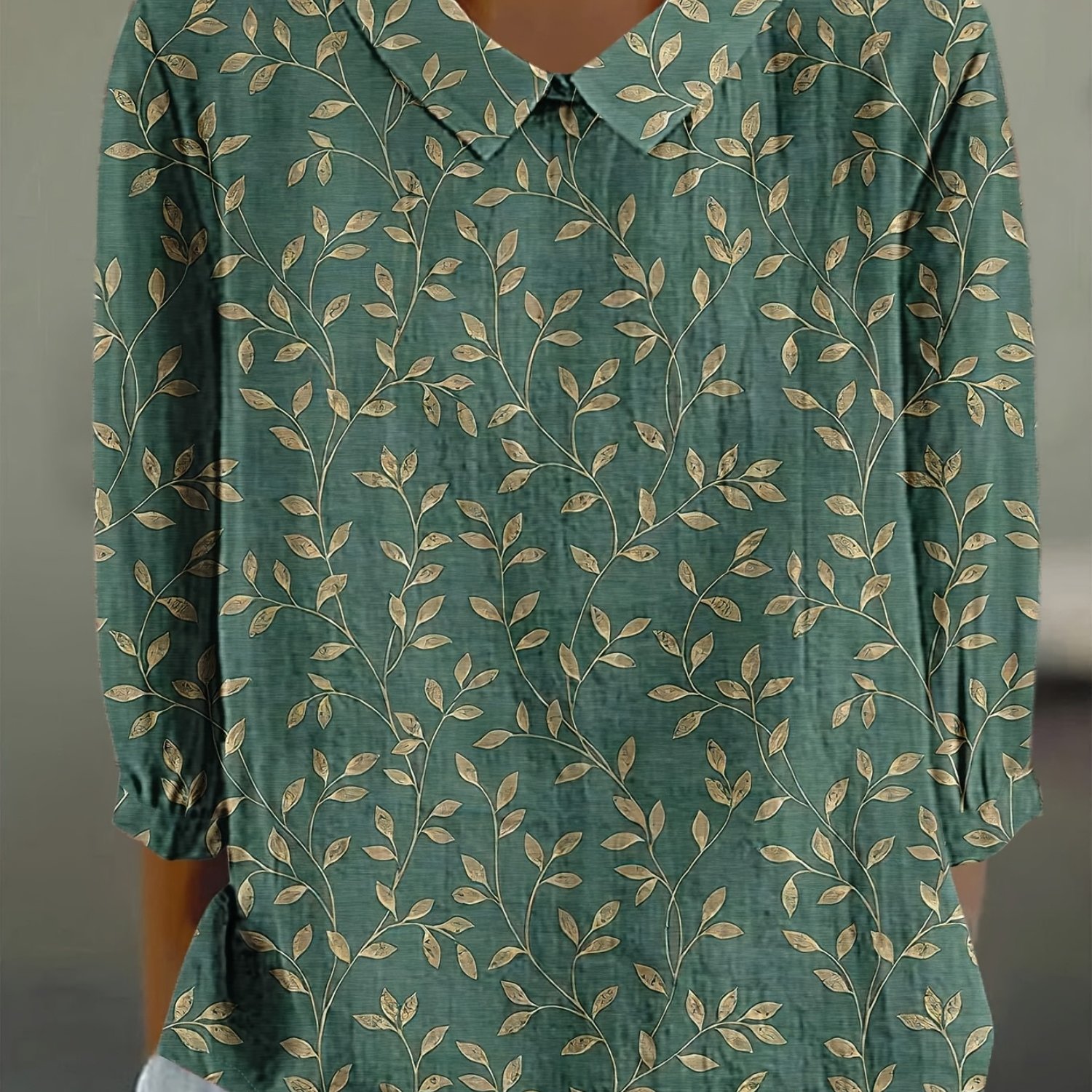 E-shop Shimida Damen Freizeithemd im Vintage-Stil mit Blatt- Blumendruck, lockeres Revers-Top mit Dreiviertelärmeln für Urlaub