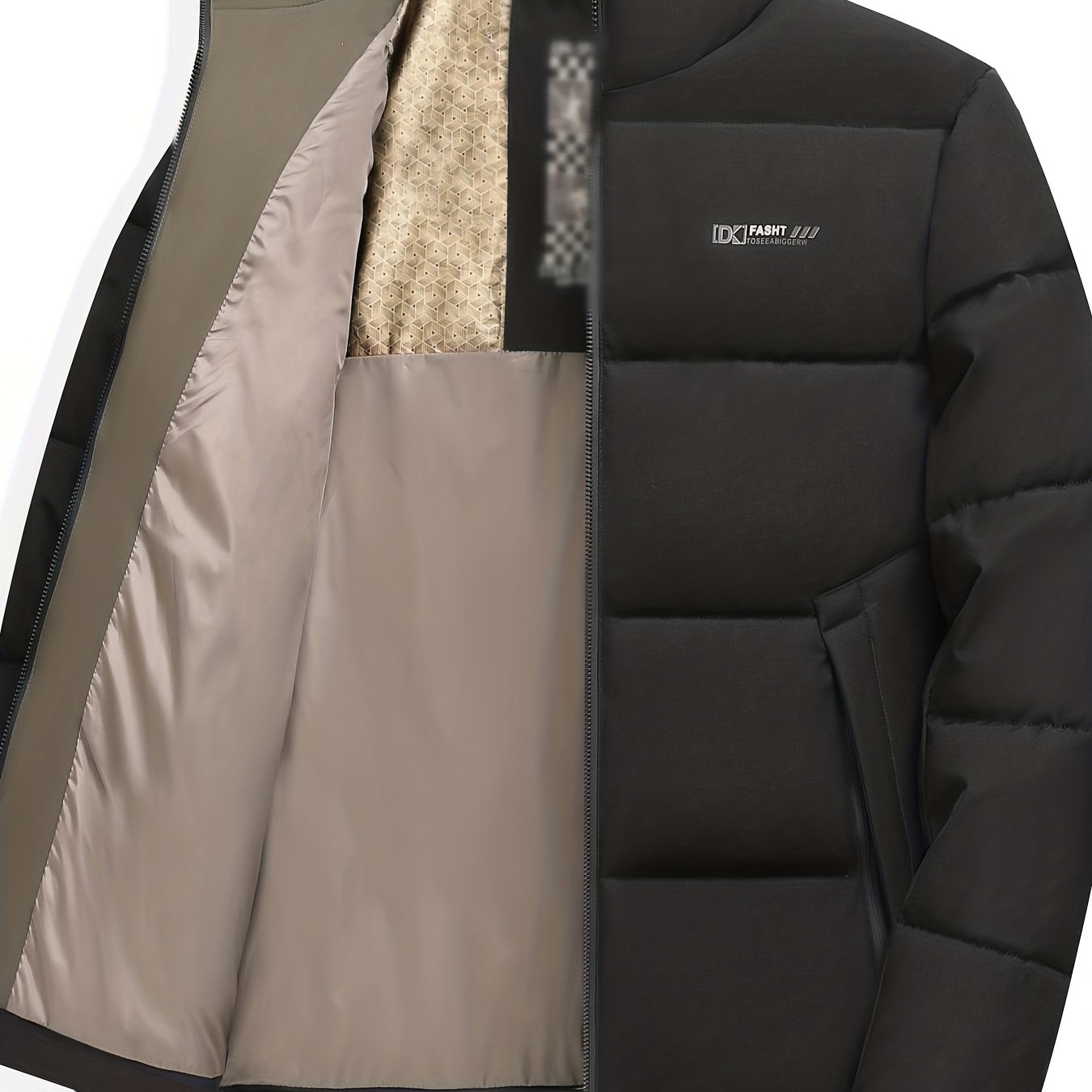 TEMU Men's Padded Coat - New Winter Coat, Solid Color Stand Collar Zipper Front Jacket, Thick Warm Padded Coat With Zipper Pockets