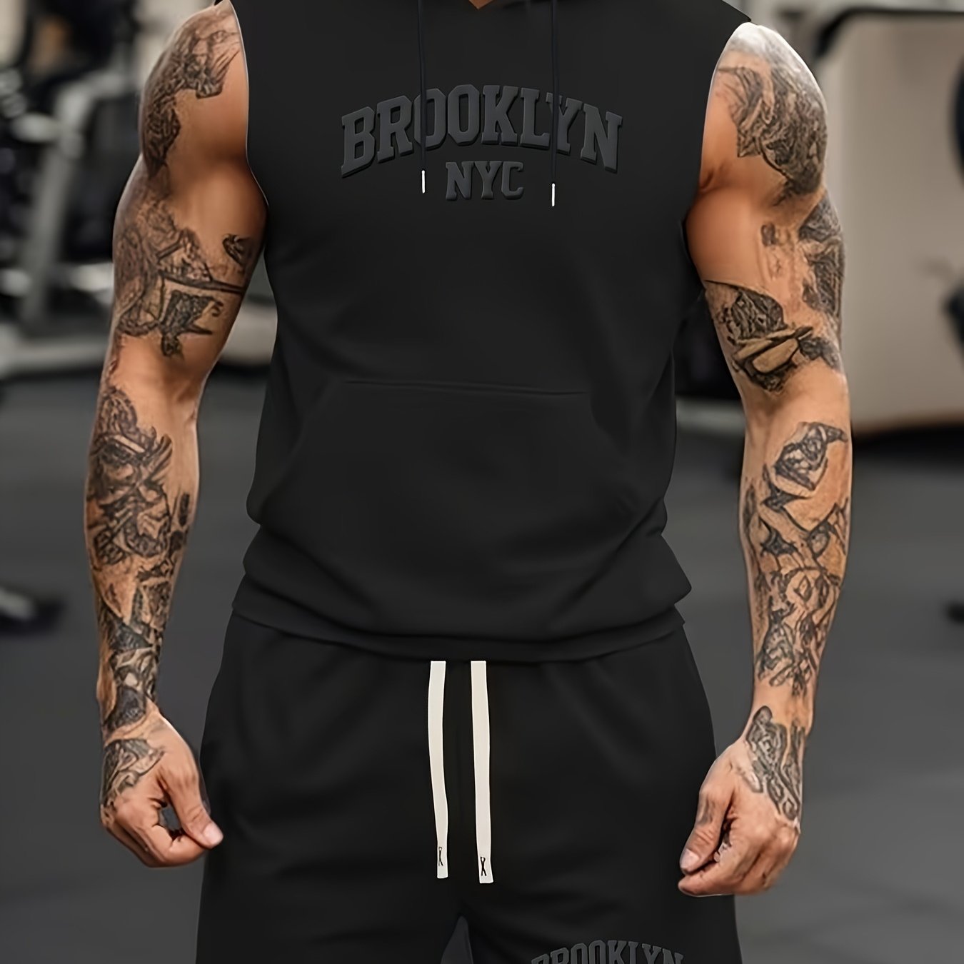 TEMU Summer Streetwear Vacation Simple Stretch Printed Minimalist Sportswear Casual Full-body Hooded Vest And Shorts Set Gym Shorts Gym Set Gym Vest