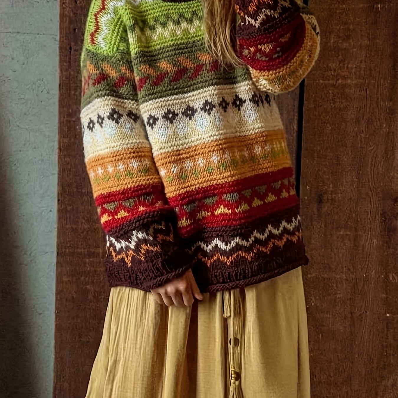 TEMU Pull Vintage à Rayures Fair Isle, Pull Oversize à Col Roulé , Jumper à Manches Longues en de