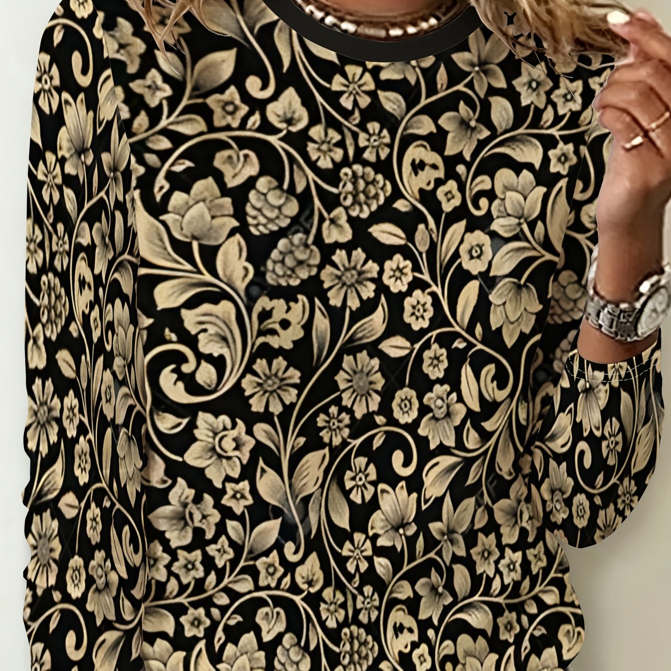 TEMU Plus Size Casual Women's Vintage Floral Print T-shirt, Women's Round Neck Long Sleeve Top, Loose All-match Fashion Black Design Spring Autumn
