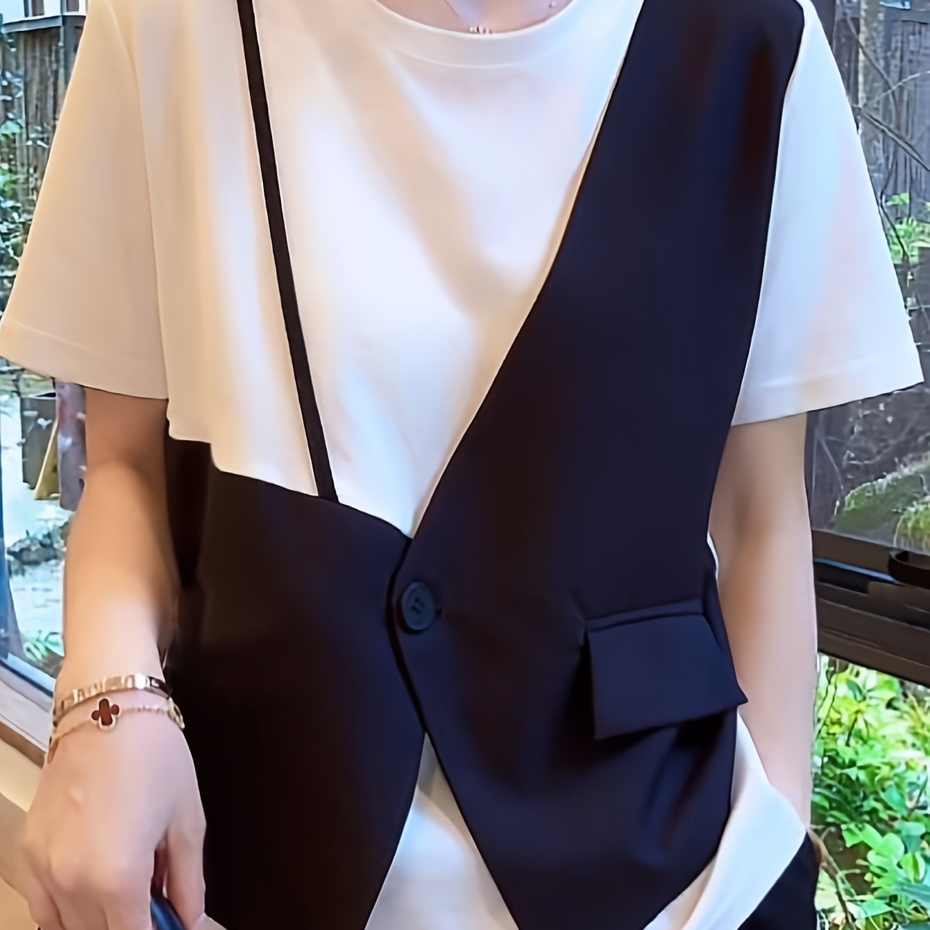 TEMU 女性用サマーショートスリーブシャツタンクトップ - 二ピース風デザイン、ポリエステルブレンド製、ゆったりしたトップでシンプルかつト、カジュッションや都市通勤・レジャーに最適