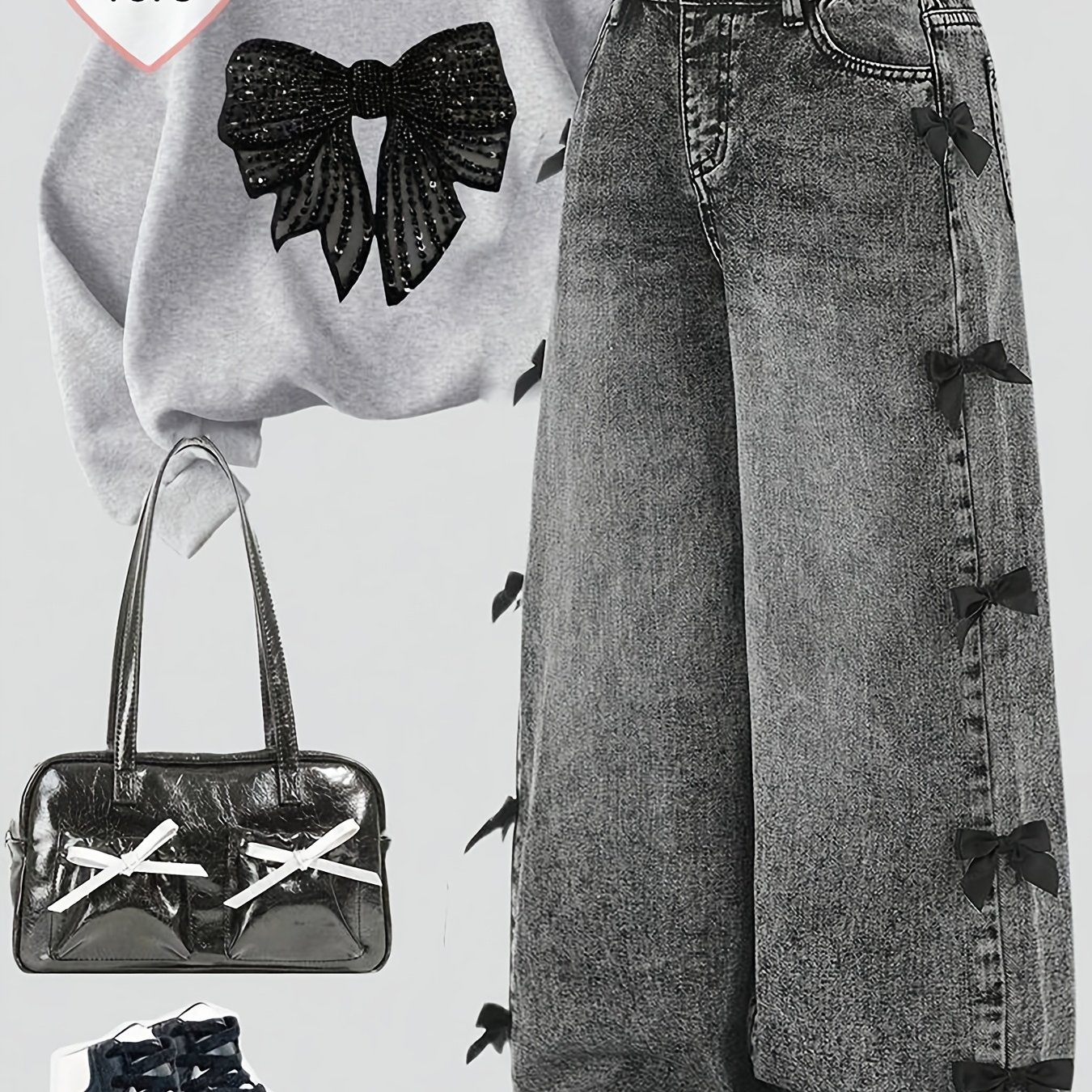 Image of Girl's Fashion Black Wide-leg Jeans, Y2k, Black Bow, Classic Loose Straight-, Built-in Zipper, , Autumn Essentials