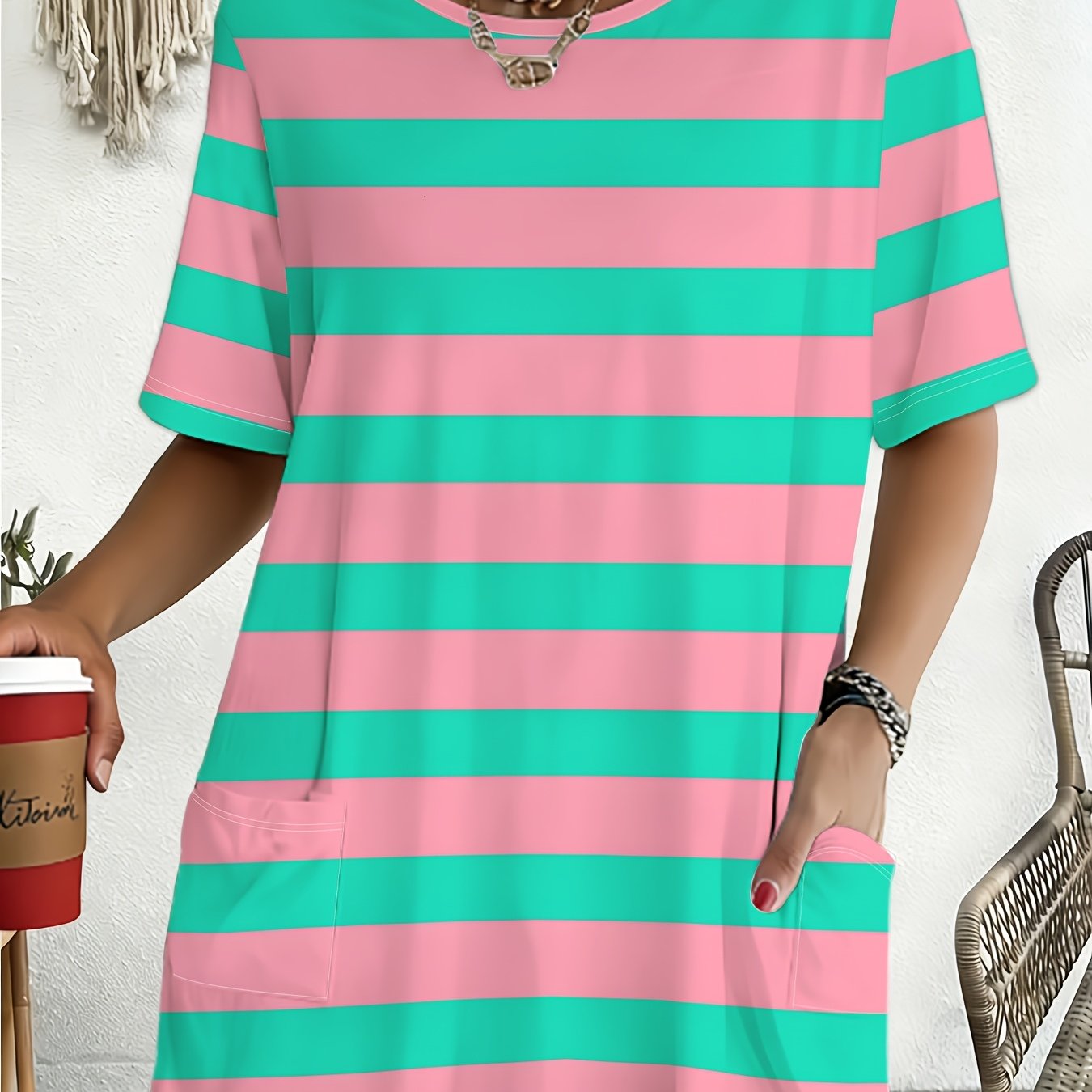 TEMU Women's Plus Size Striped Oversized T-shirt - Short Sleeve Round Neck -compatible Top | Full-body Pocketed Casual Summer Style Suitable For
