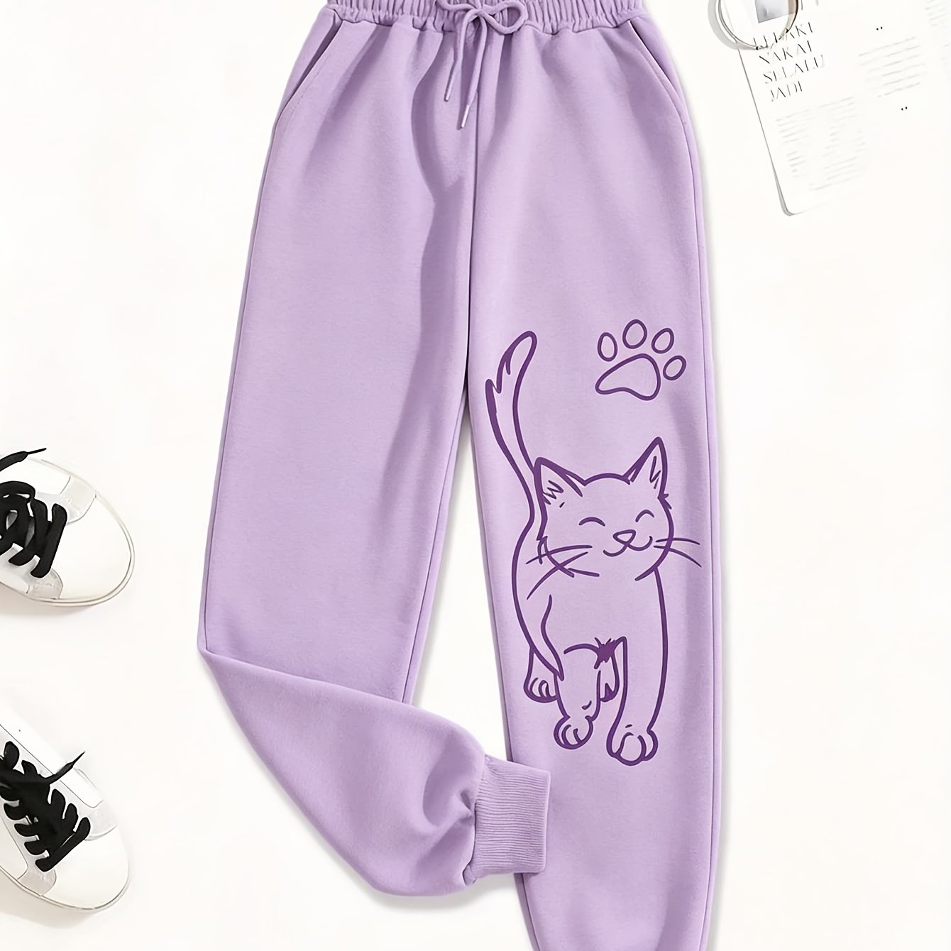Image of Plus Size Black Sports Pants With Cat Paw Print Design, Casual Women's Clothing, Comfortable Jogging Trousers For, Suitable For Daily Wear And Home Relaxation, Sizes 0xl-9xl