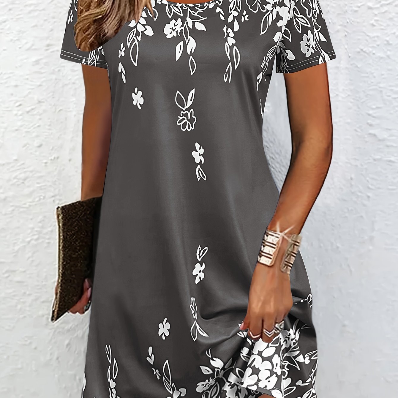 Floral Print Crew Neck Dress, Vintage Short Sleeve Dress For , Women's Clothing