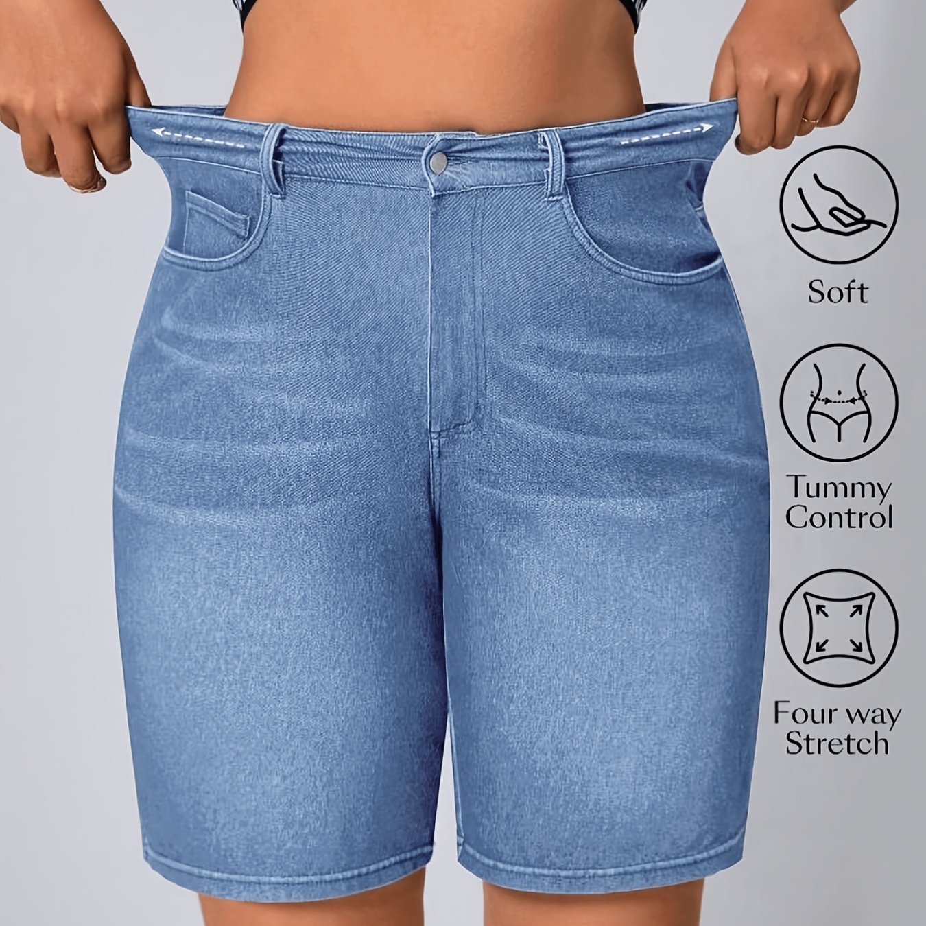 Plus-size Casual Women's Blue Shorts, Stretch Fabric, Suitable For Denim Shorts