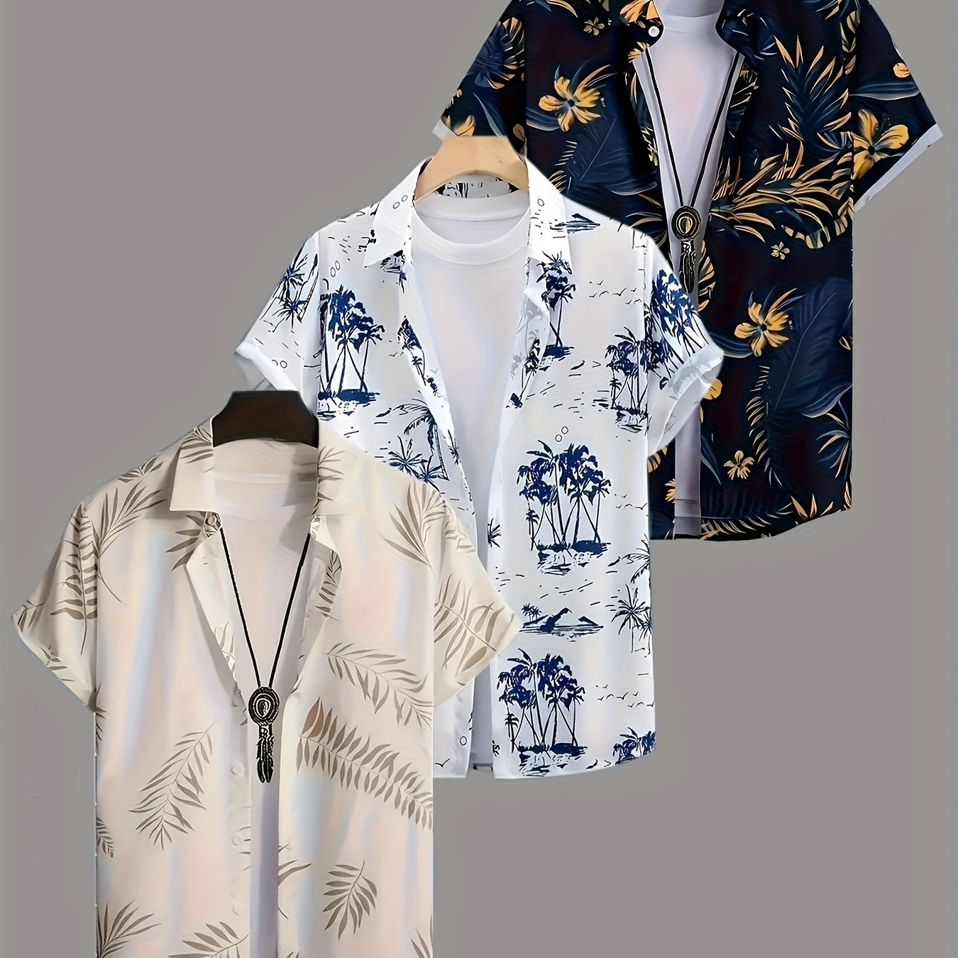 E-shop 3er-Pack Herren & Palmblatt Druck Kurzarm Sommerhemden - Atmungsaktives, nicht dehnbares Gewebe, Button-Up Kragen Freizeit Button-Up Hemd mit
