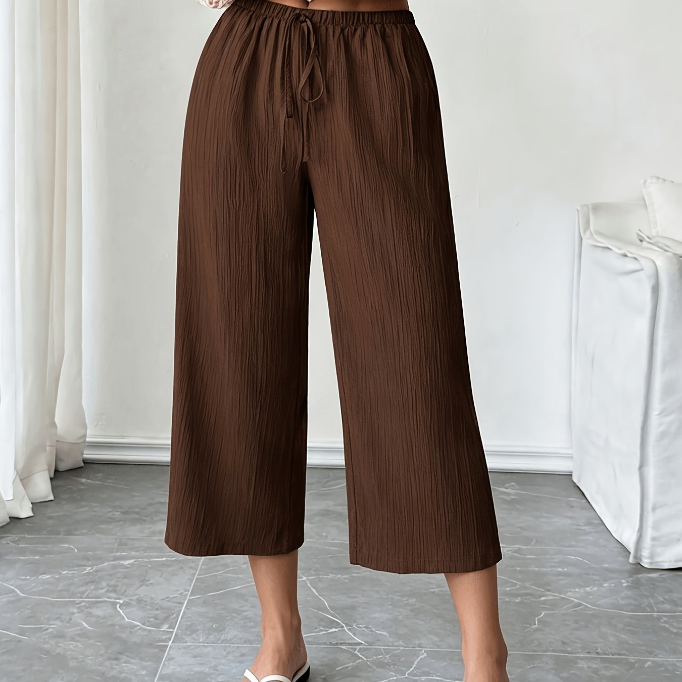 TEMU Directional Style Solid Color Lace Casual Summer Women's Capri Pants, Beach Summer Clothing Women's Straight Trousers Long Pants Women