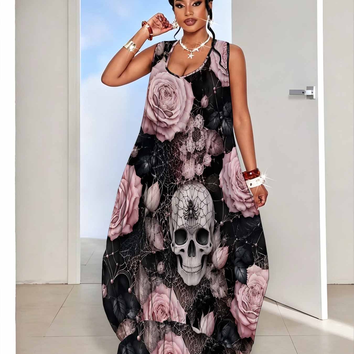 Image of Plus Size, Plus Size Rose Print Dress Women's Sleeveless Offshoulder Loose Long Dress With Hem. Loose. Romantic. Elegant Gothic Aesthetic Style Dress