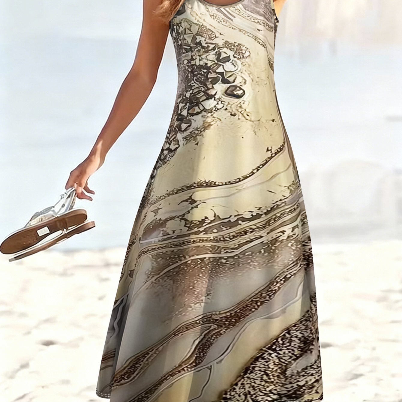 Image of Plus Size - Plus Size - Plus Size Women's Crew Neck Sleeveless Maxi Dress, Elegant Trendy Curvy Women's Vintage Marble Print Wide Strap A-line Dress For Casual Wear, Curvy Plus Size Women Clothing