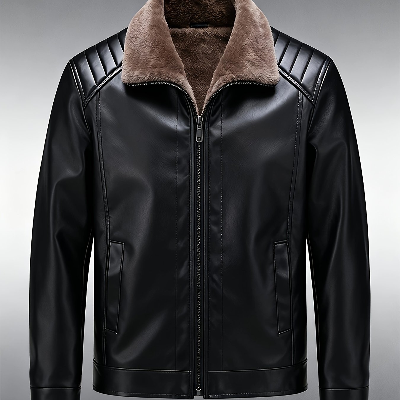 TEMU Men's Brown/black Vintage Pu Jacket With Lining And Fur, Warm Winter Outerwear For Cold Weather, Stylish Casual Outdoor Zip-up Jacket, Trendy