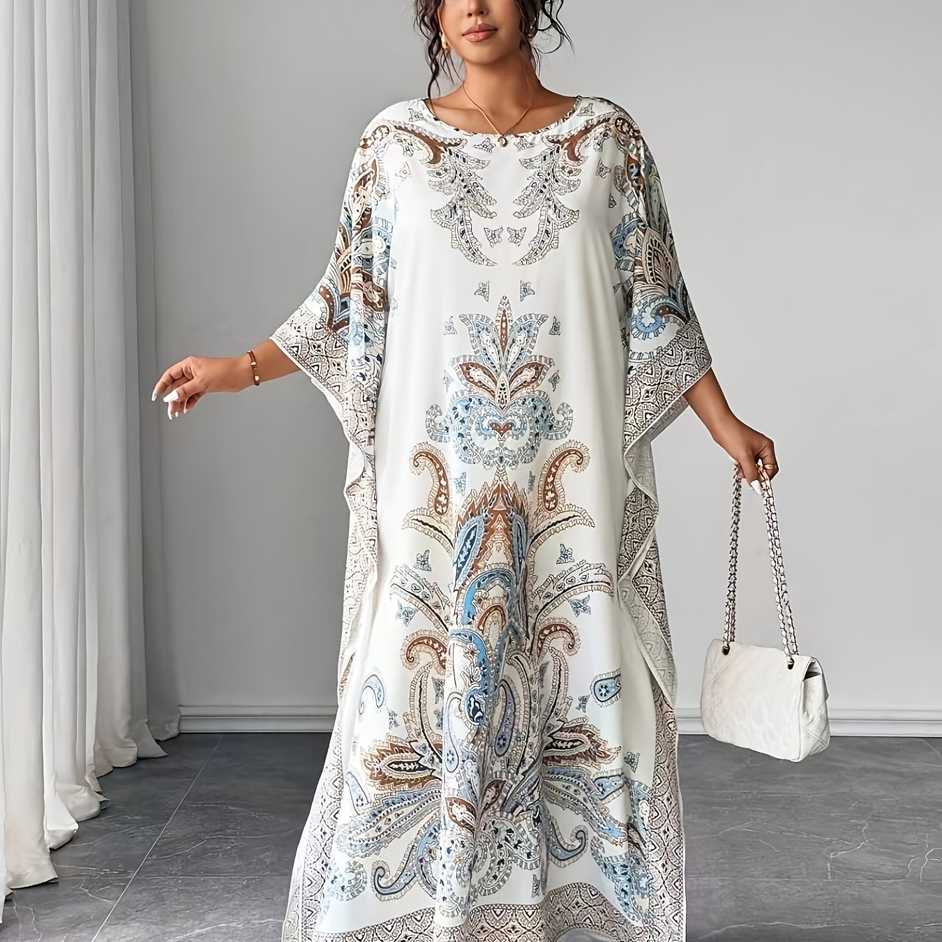 TEMU Plus Size, Women's Plus Size Summer Round Neck Loose Floral Print Elegant Long -up Dress