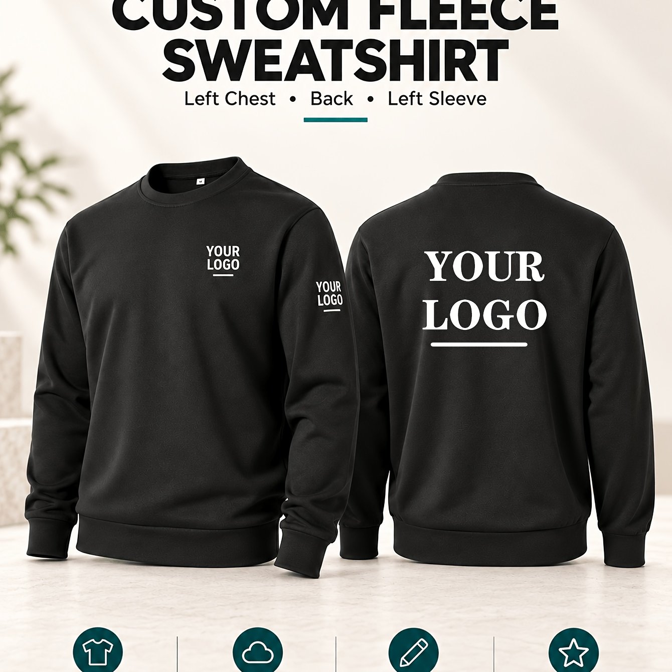TEMU 1pc Personalized Custom Crewneck -lined Sweatshirt, Black Long-sleeve Pullover Top. Supports Customization Of Patterns, Text, And Logos On The