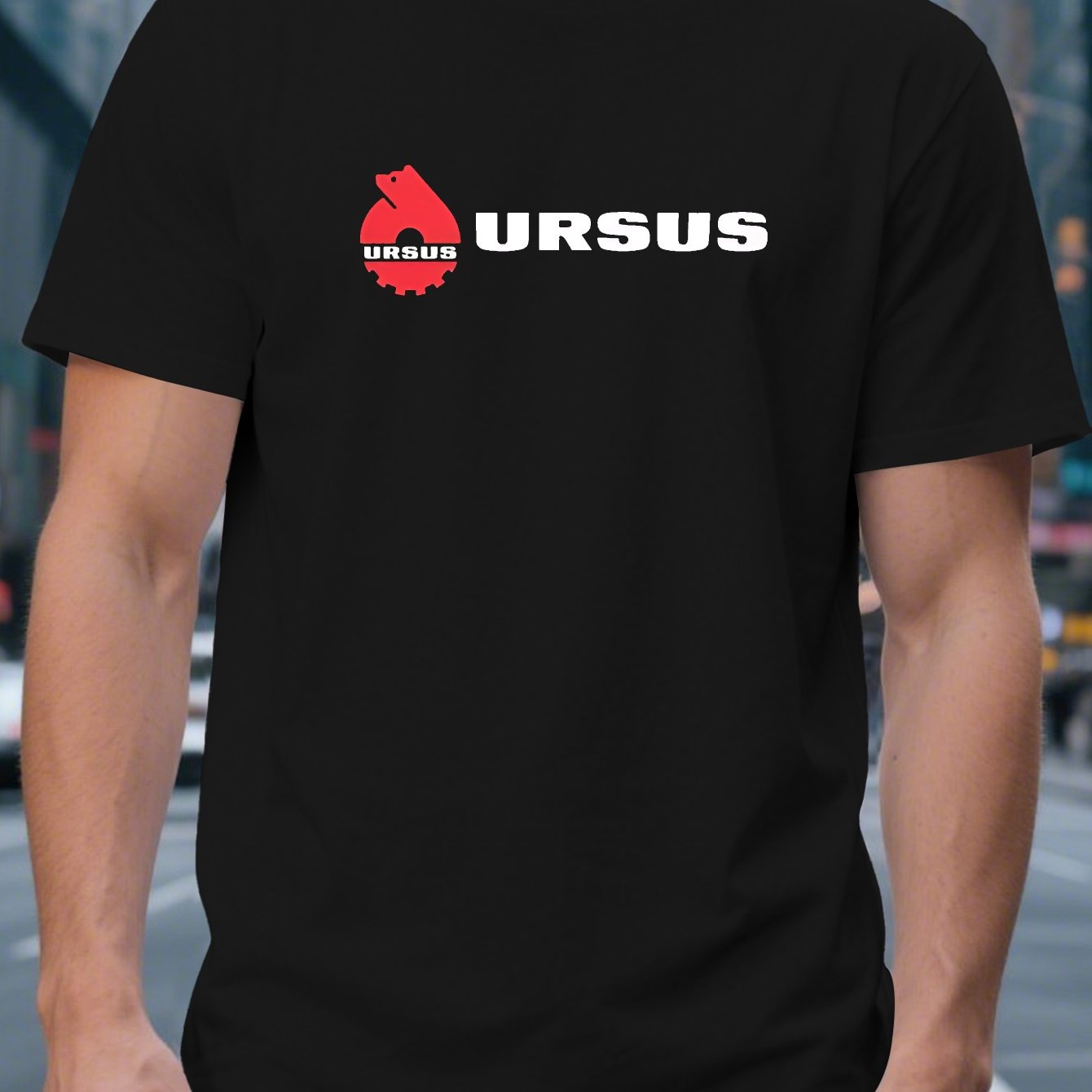 TEMU Men's Casual Crew Neck T-shirt With "ursus" Graphic & Polish - Lightweight Summer Top, Regular Fit, Geometric Pattern, Perfect For Adults,