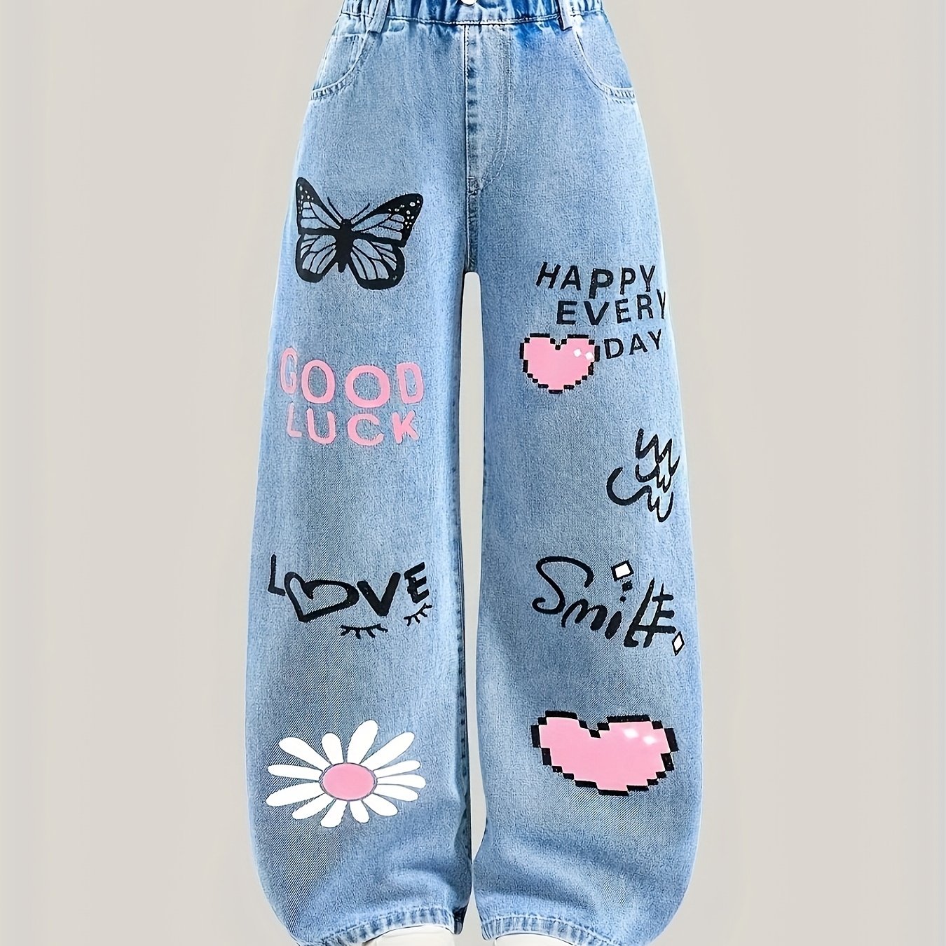 Image of Y2k -leg Faux Denim For Girls, Floral, Heart, & Love Pattern, Mid-rise Elastic Waist, , Perfect For Outdoor Activities, Skateboarding & Rollerblading, Ideal 8 To 15, Perfect For Outdoor