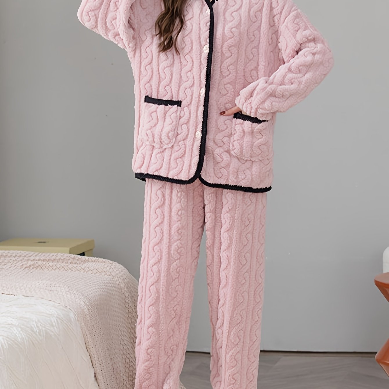 TEMU Cozy Pink Flannel Women's Pajama Set - Cute V-neck Long Sleeve Top With Button Detail & Waistband Pants, Loungewear For Fall/winter