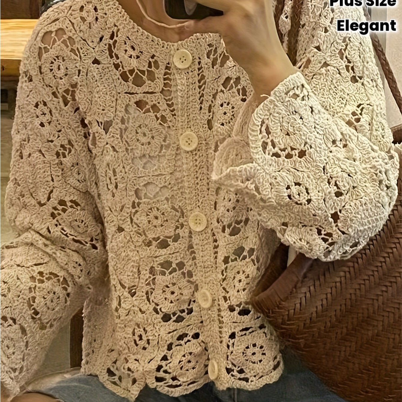 TEMU A Solid-color Cardigan Women's Coat, Hollow Round Neck Single-breasted Design, Beach Seaside Vacation Travel And Leisure For Elegantly